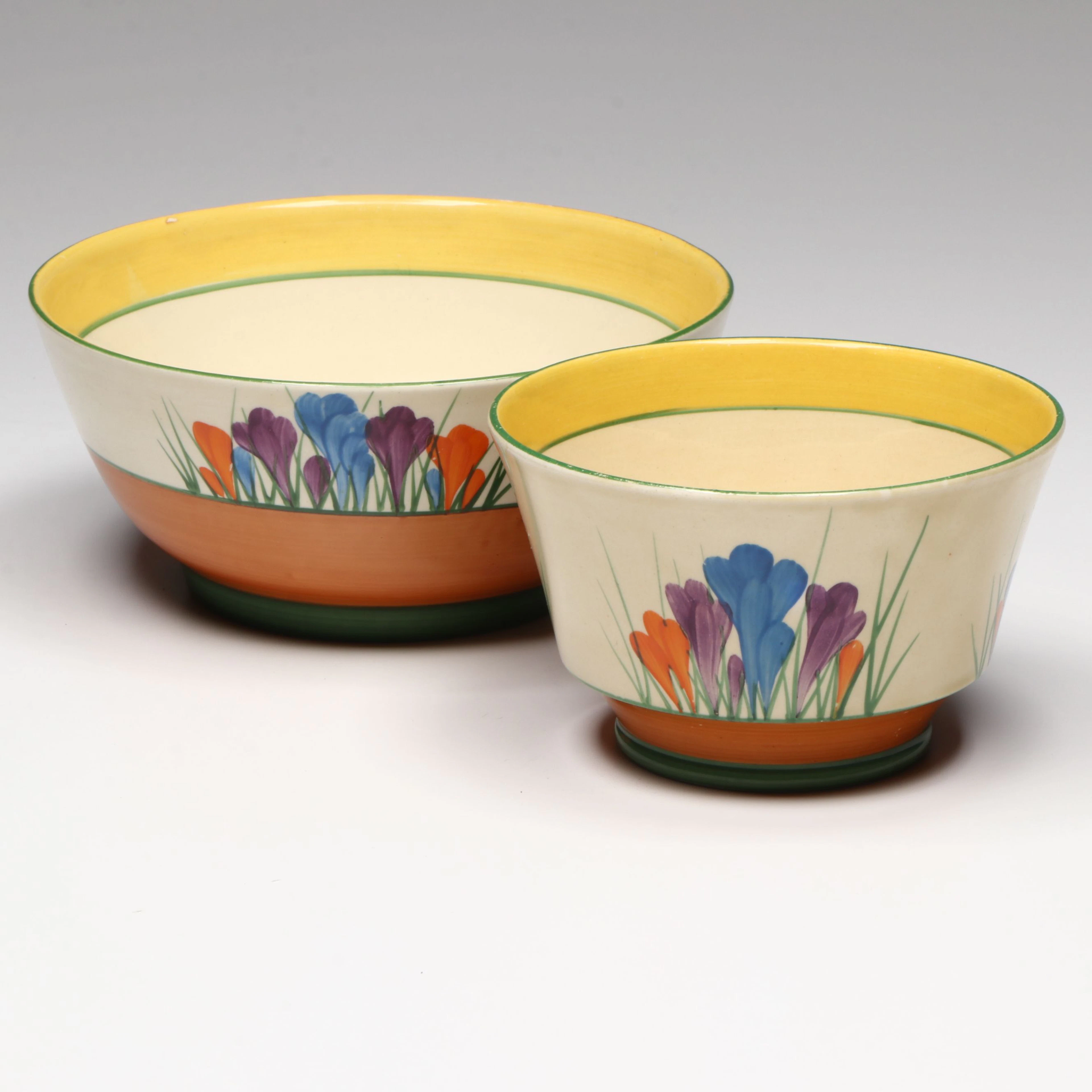 Bizarre by Clarice Cliff "Crocus" Art Deco Ceramic Bowls, 1930s