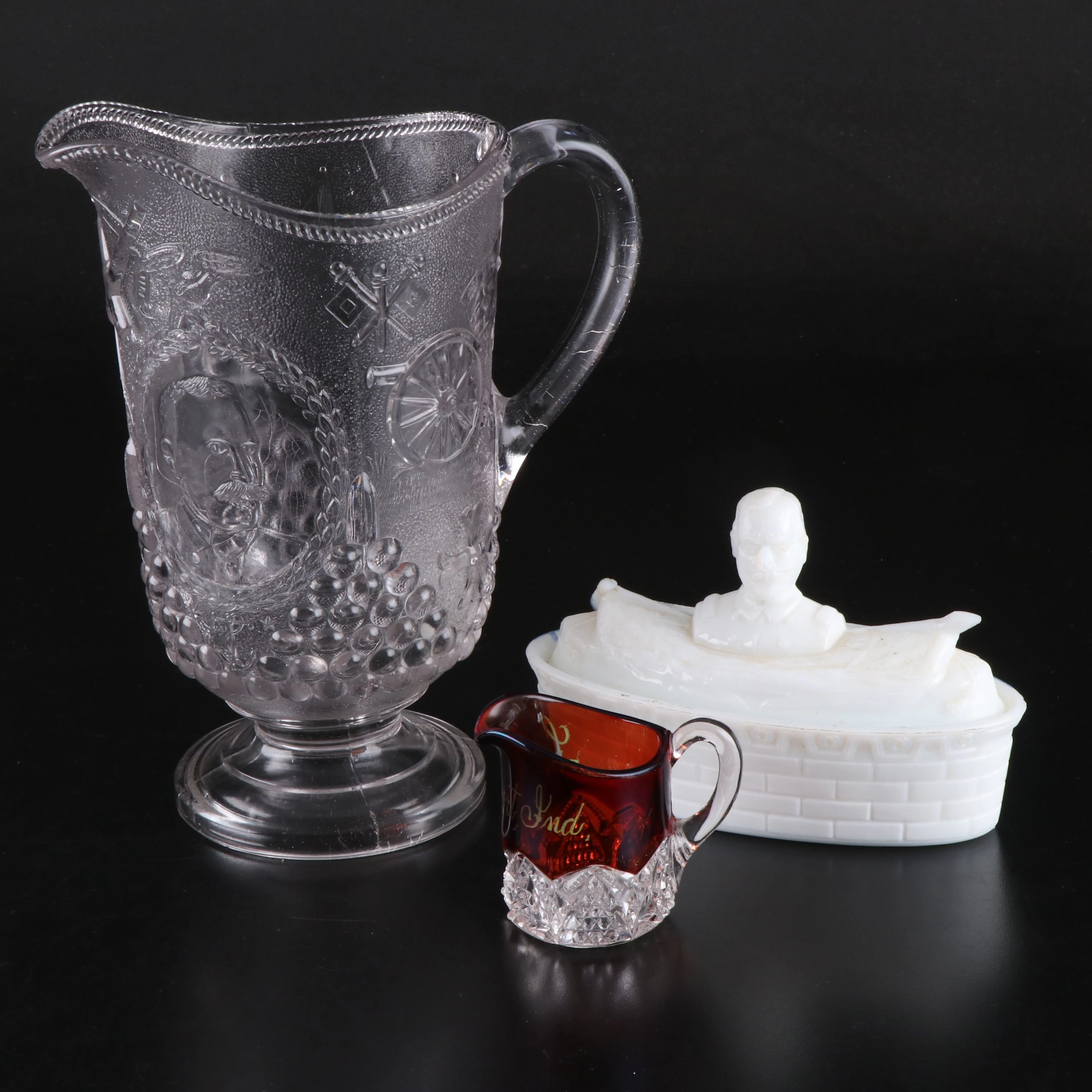EAPG Admiral Dewey Pitcher, Milk Glass Dish with Ruby Flashed Creamer, 19th C.