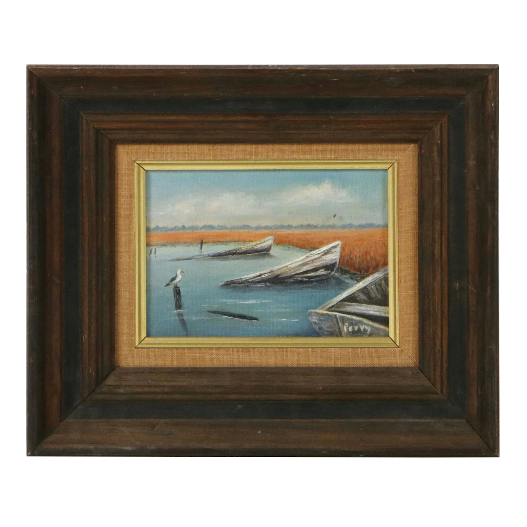 Perry Oil Painting of Flooded Coastal Landscape with Sunken Dock