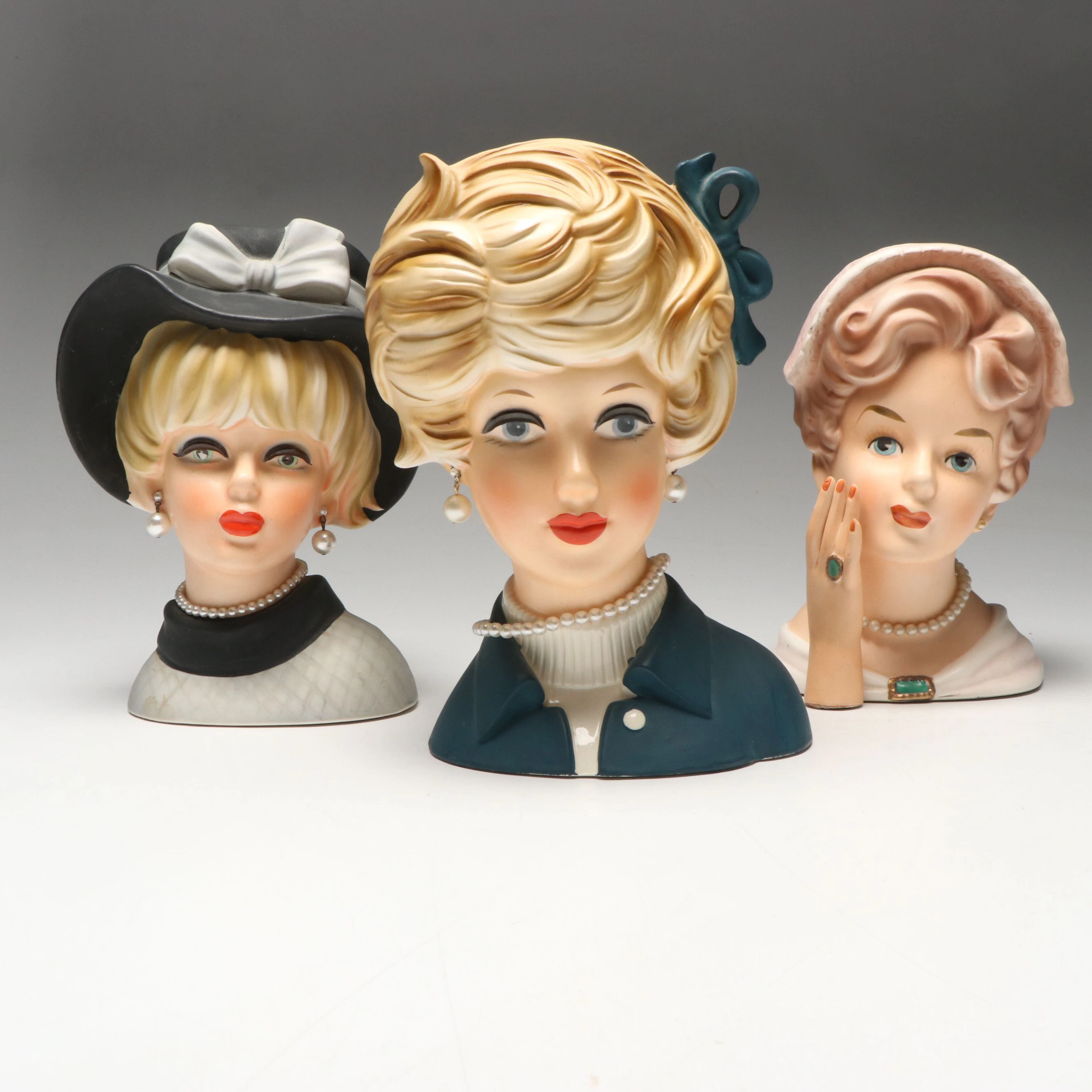 Napcoware and Relpo Ceramic Lady Head Vases, Mid-20th Century