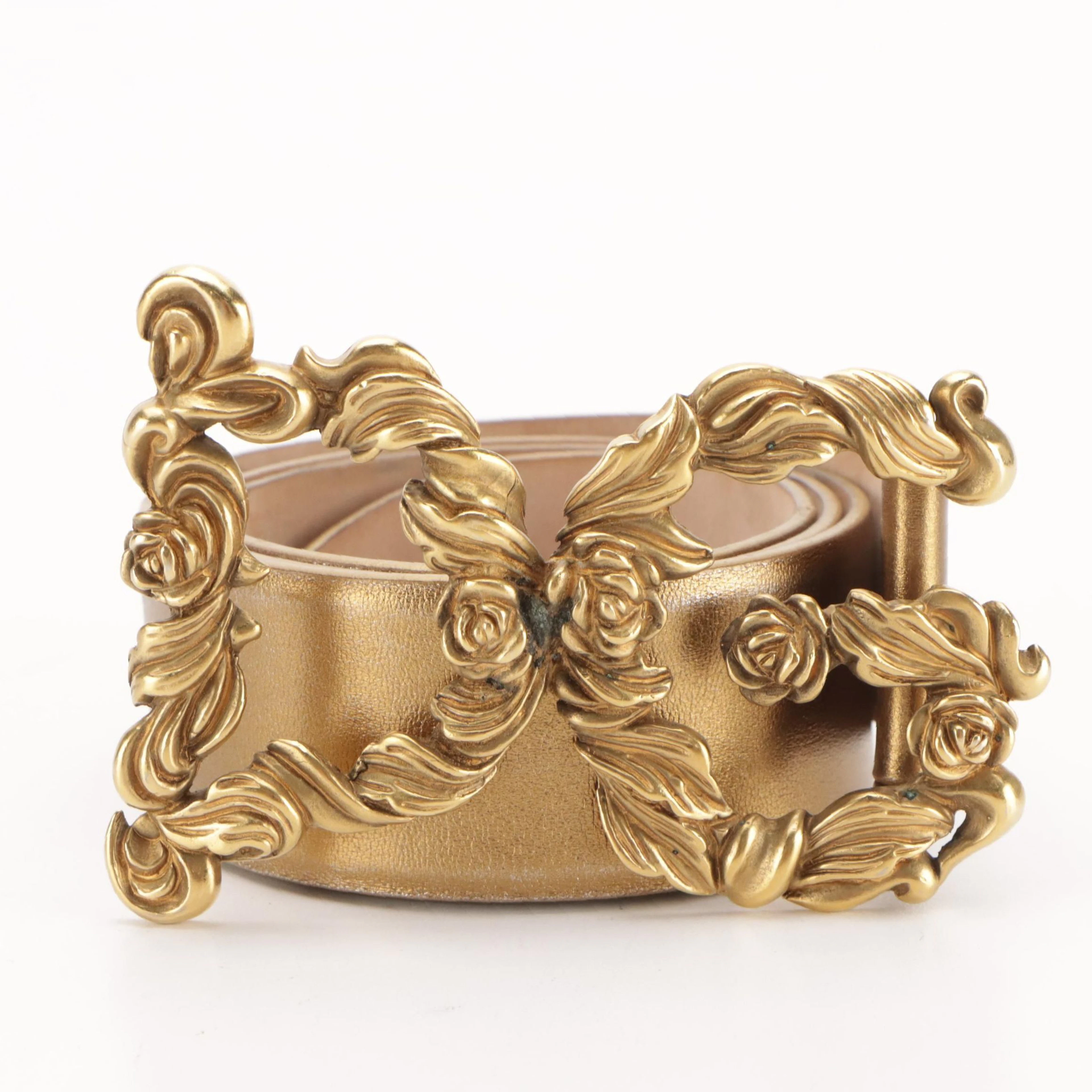 Dolce & Gabbana Foliate Logo Buckle Belt in Metallic Leather