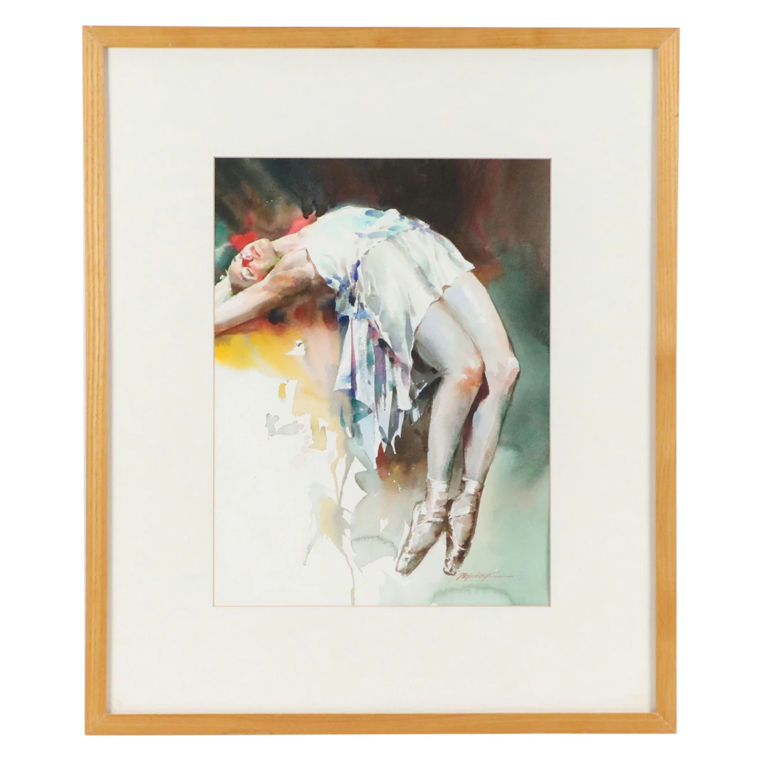 Gunbae Kim Watercolor Painting of Reclining Ballerina, 1998