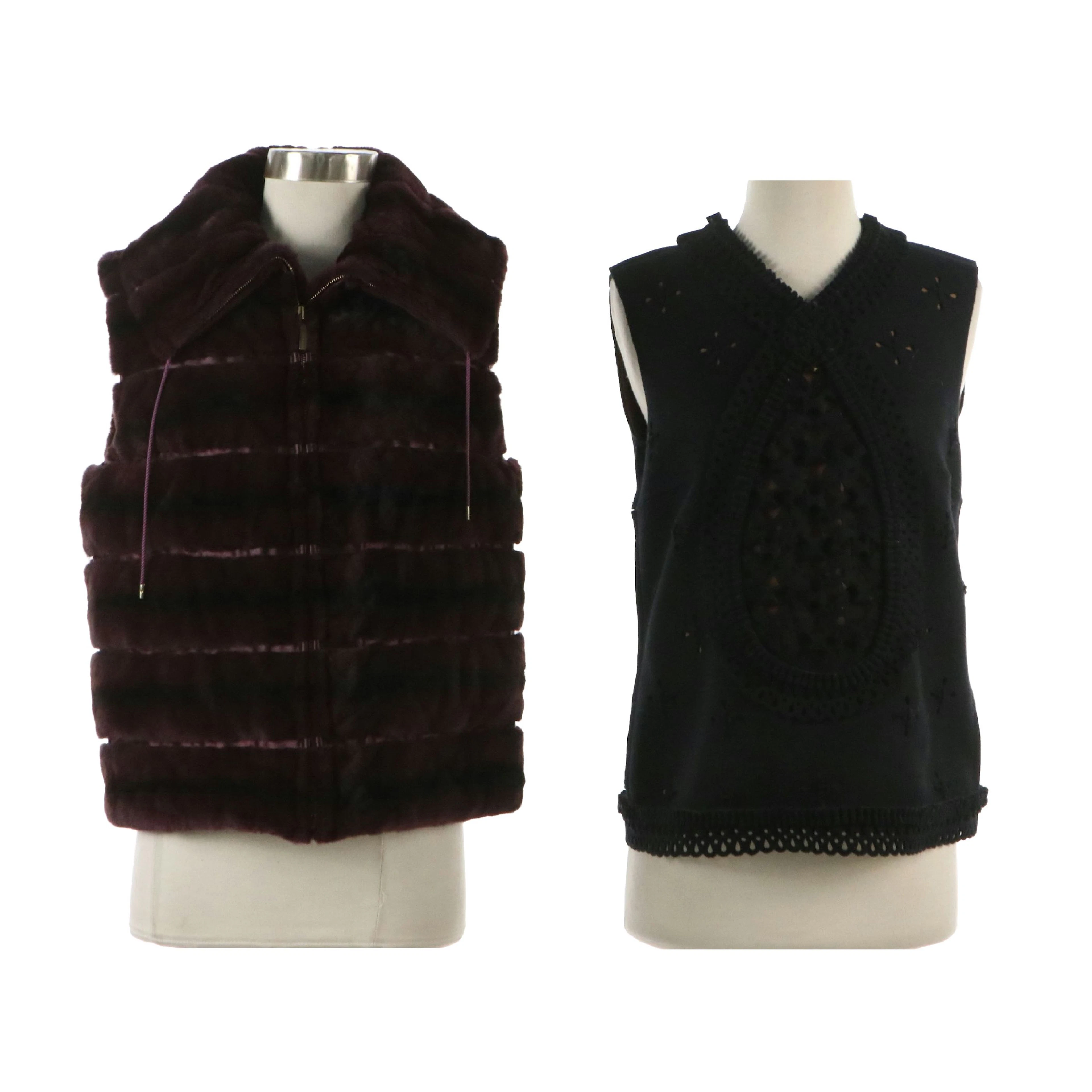 Carolina Herrera New York Dyed Weasel Fur Zip Vest and Wool Blend Snap-Back Top