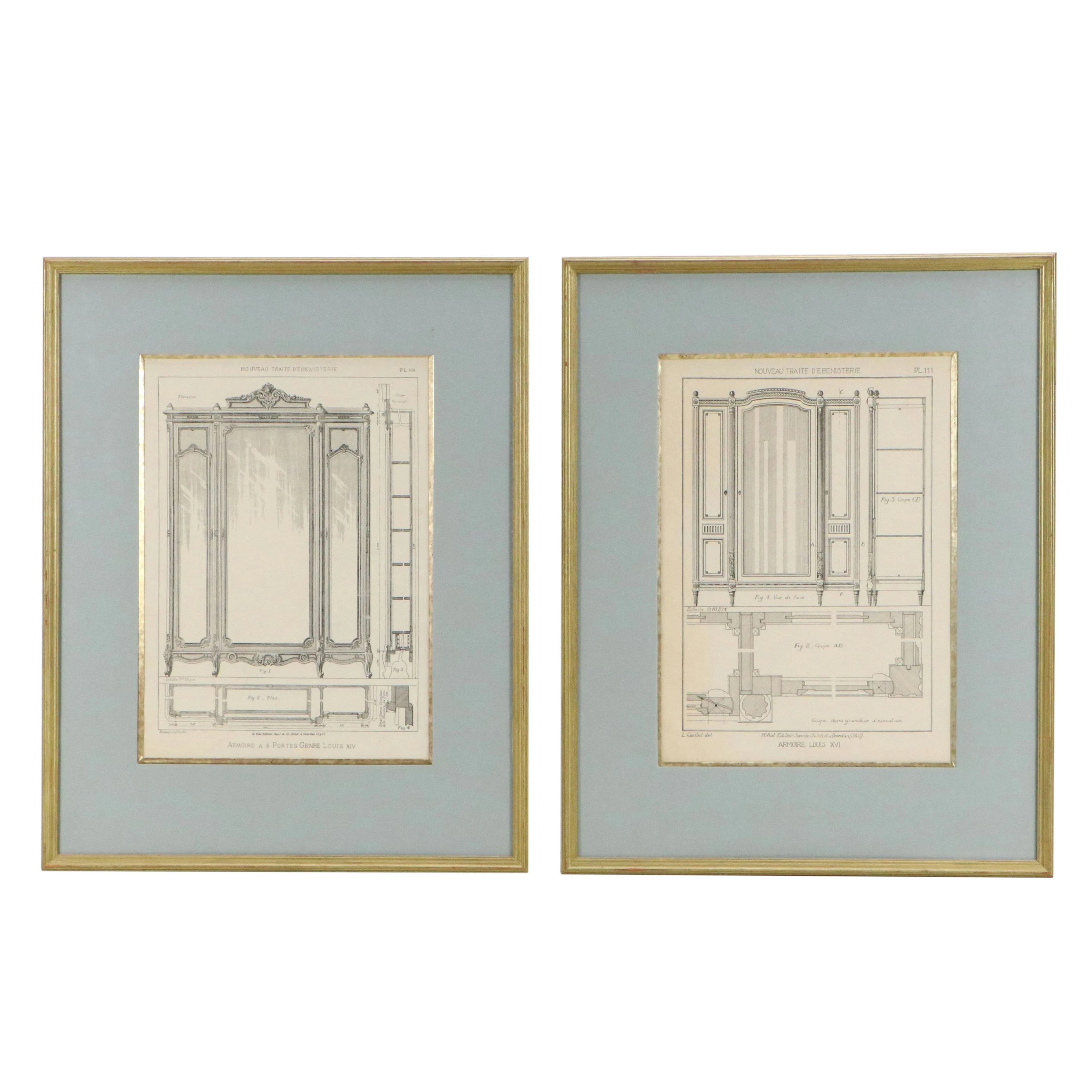Pair of Architectural Wood Engravings of Armoire