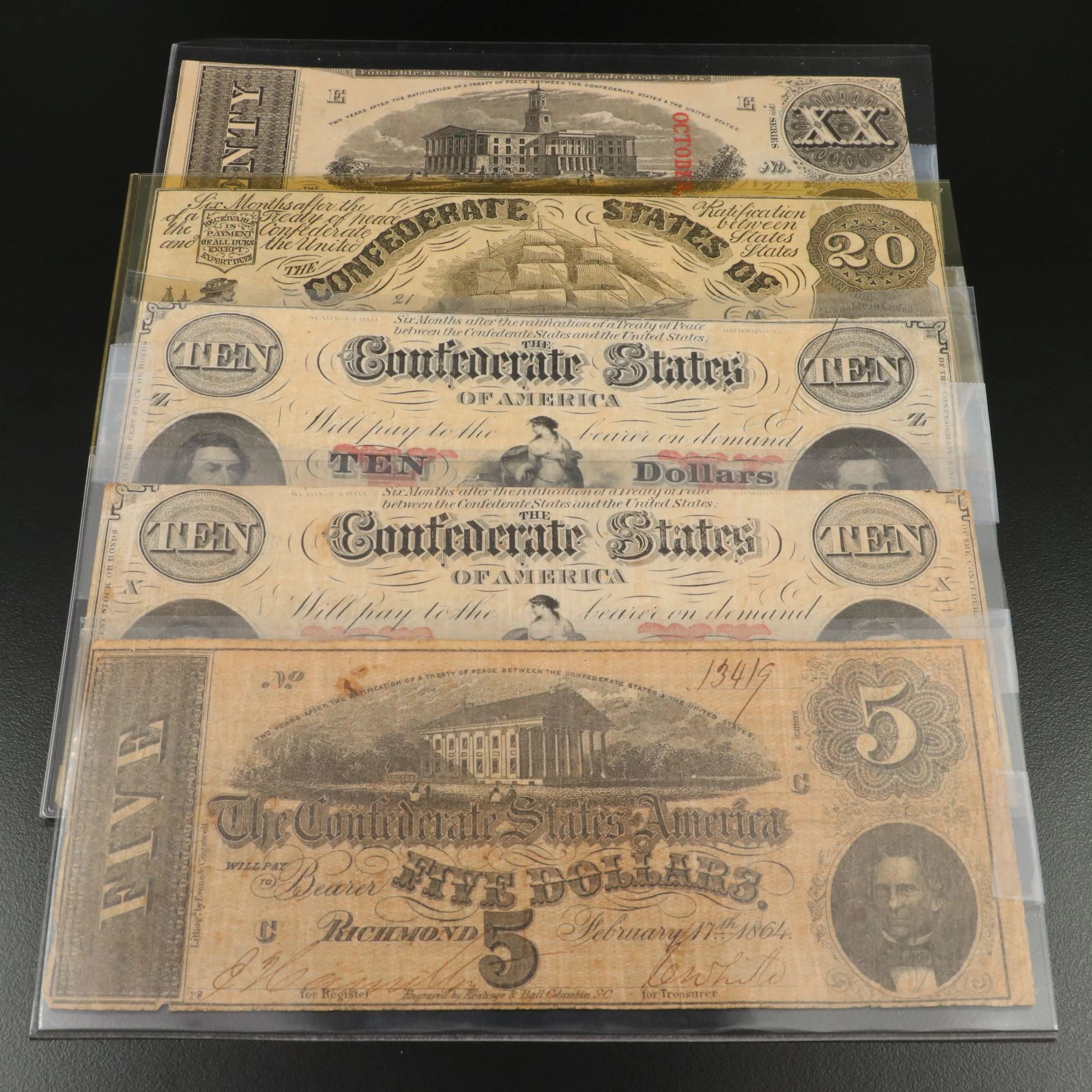 Five Confederate States Currency Notes