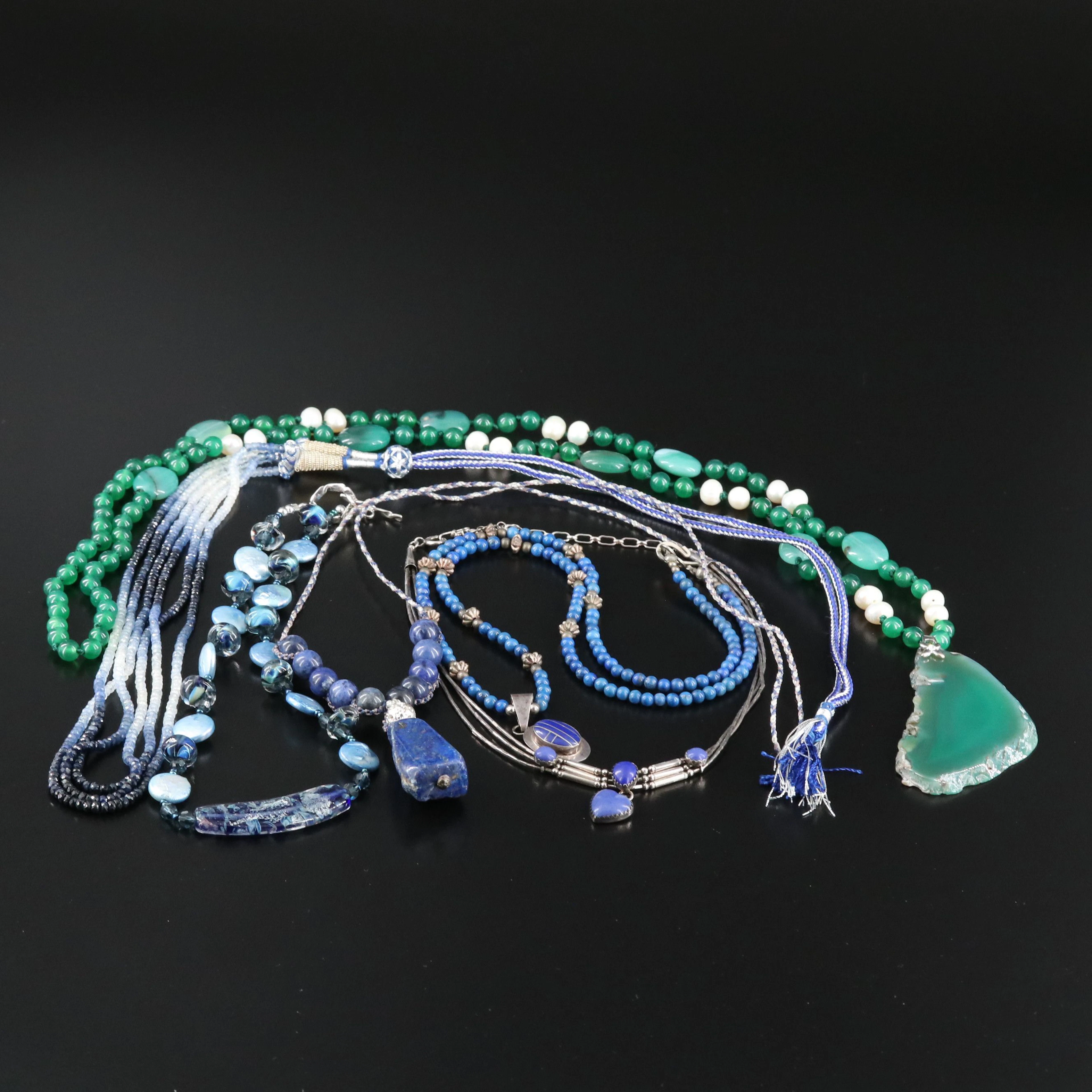 Sapphire, Lapis Lazuli and Liquid Sterling Silver Featured in Necklace