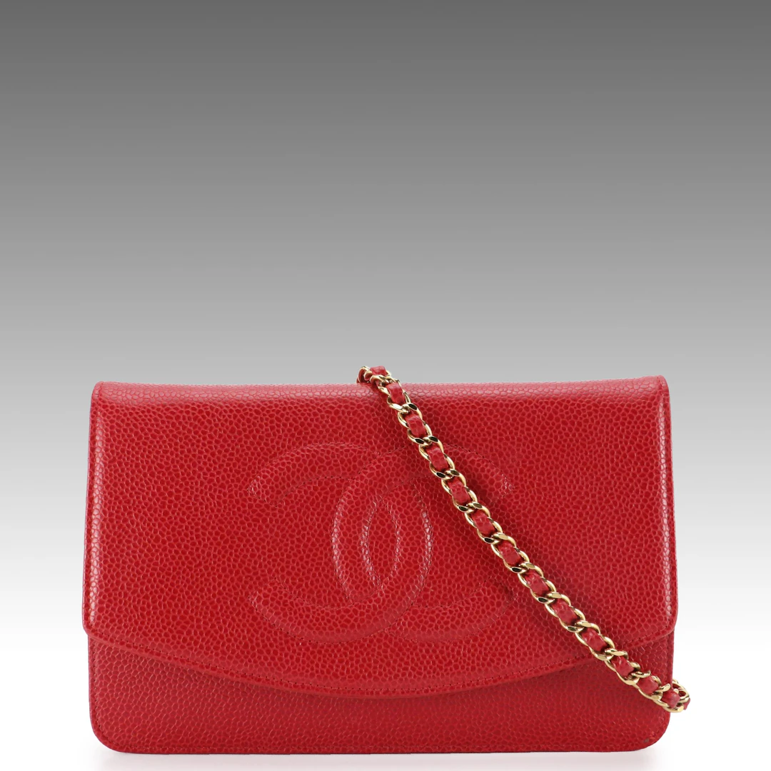 Chanel CC Flap Wallet on Chain Bag in Red Caviar Leather