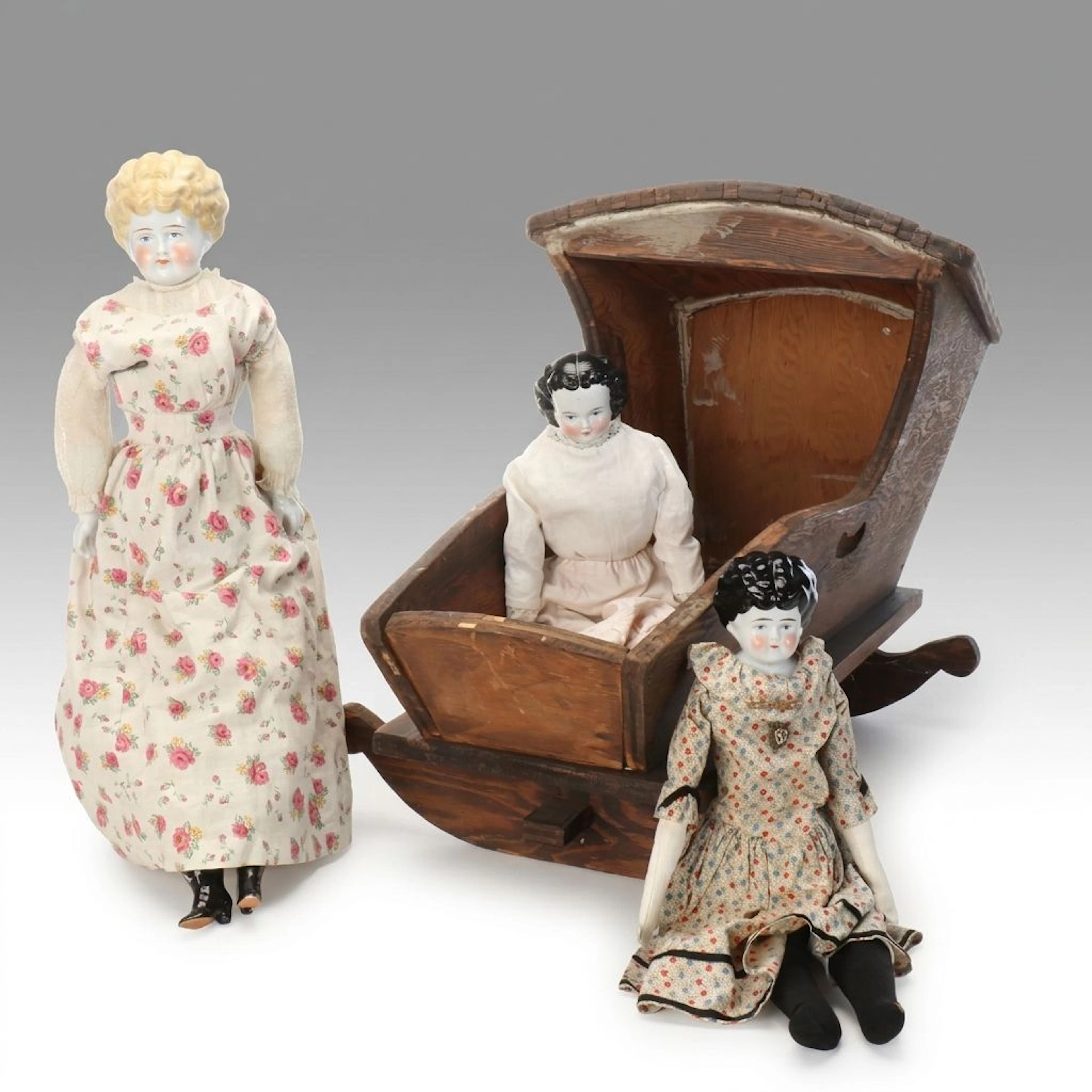 German China Head Dolls with Wooden Cradle, Antique