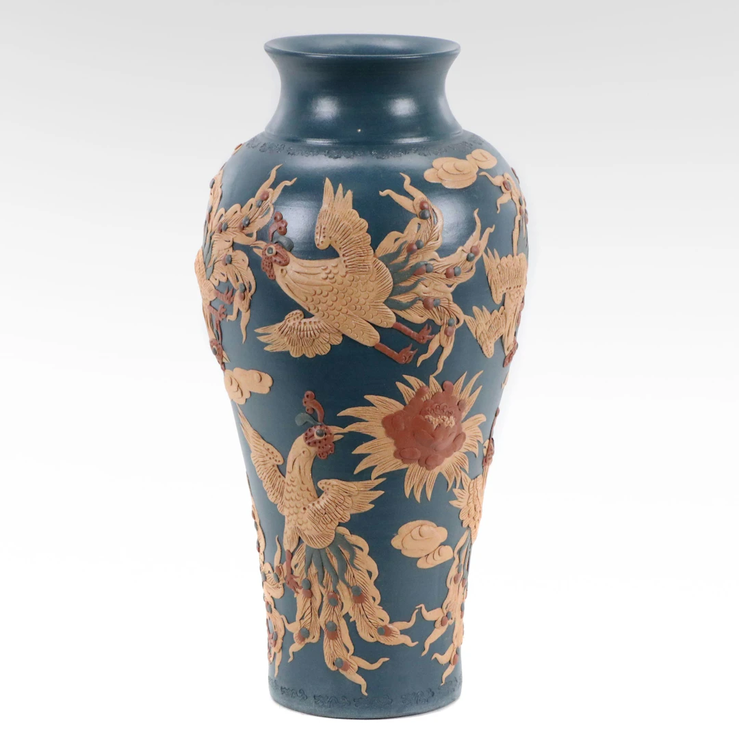 Chinese Hand-Sculpted Phoenix and Cloud Motif Stoneware Vase