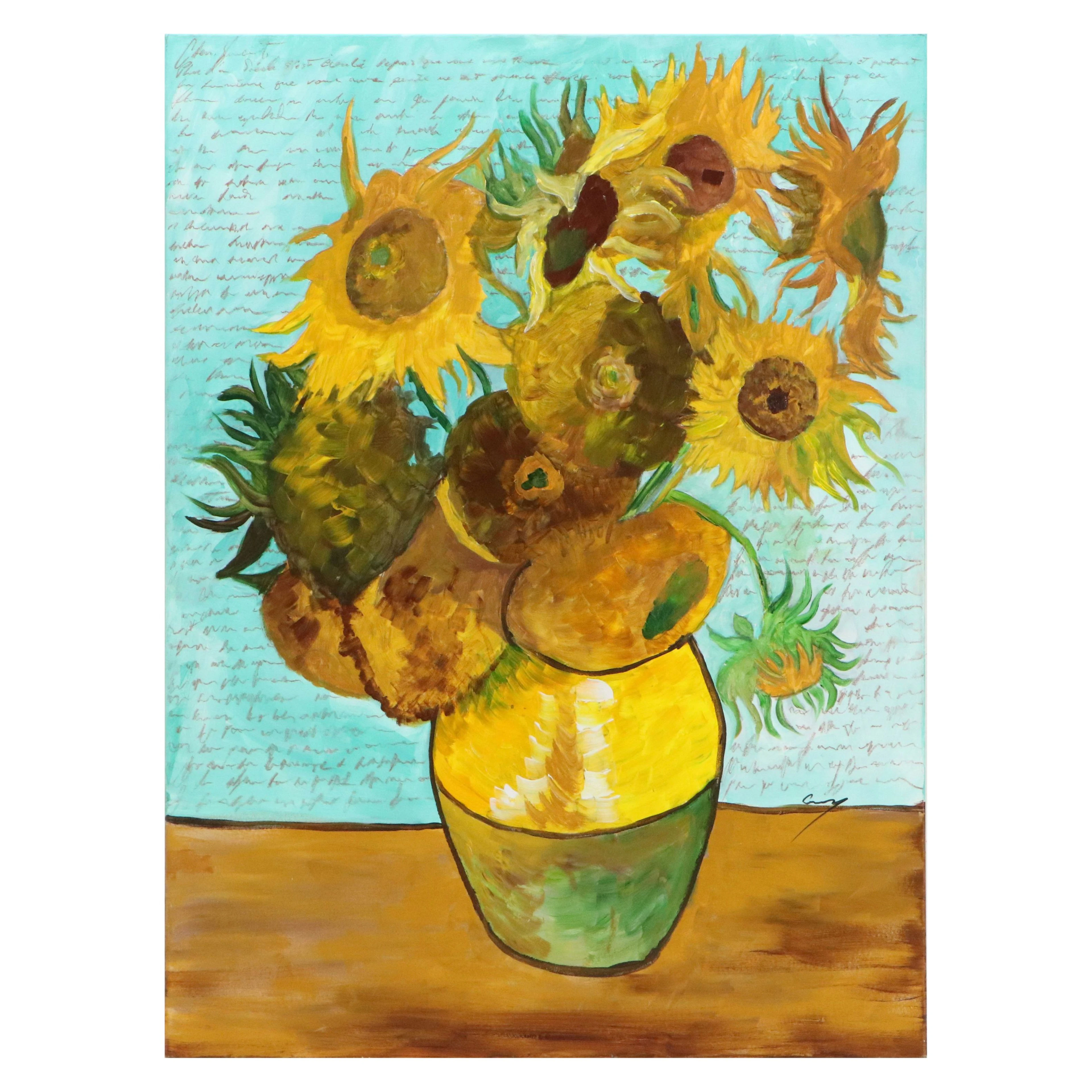 James Conroy Oil Painting After Van Gogh "Sunflowers," 21st Century