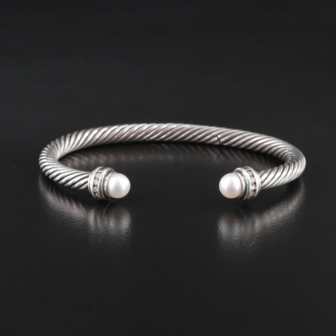 David Yurman Sterling Pearl and Diamond Cable Cuff Bracelet