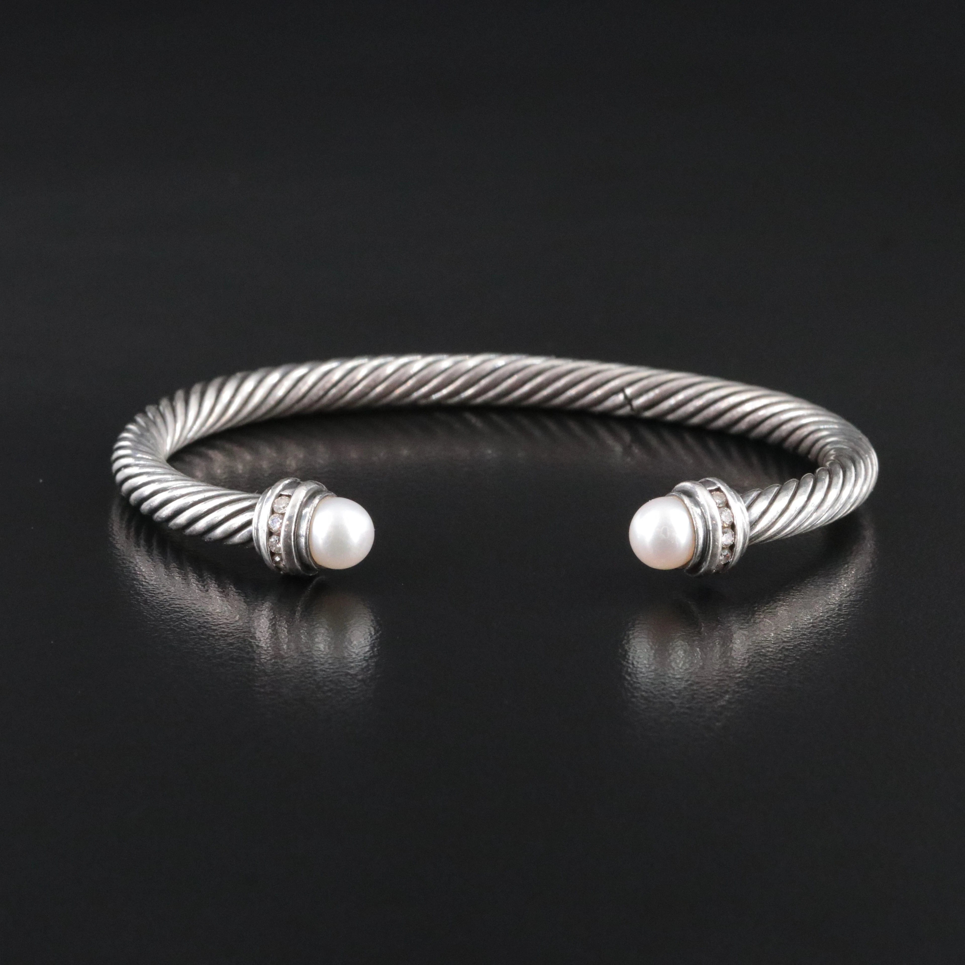 David Yurman Sterling Pearl and Diamond Cable Cuff Bracelet