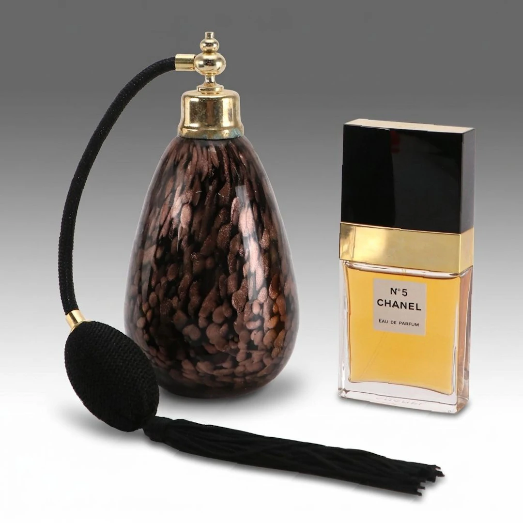 Chanel "No. 5" Eau de Parfum and Blown Glass Perfume Bottle with Bulb Atomizer