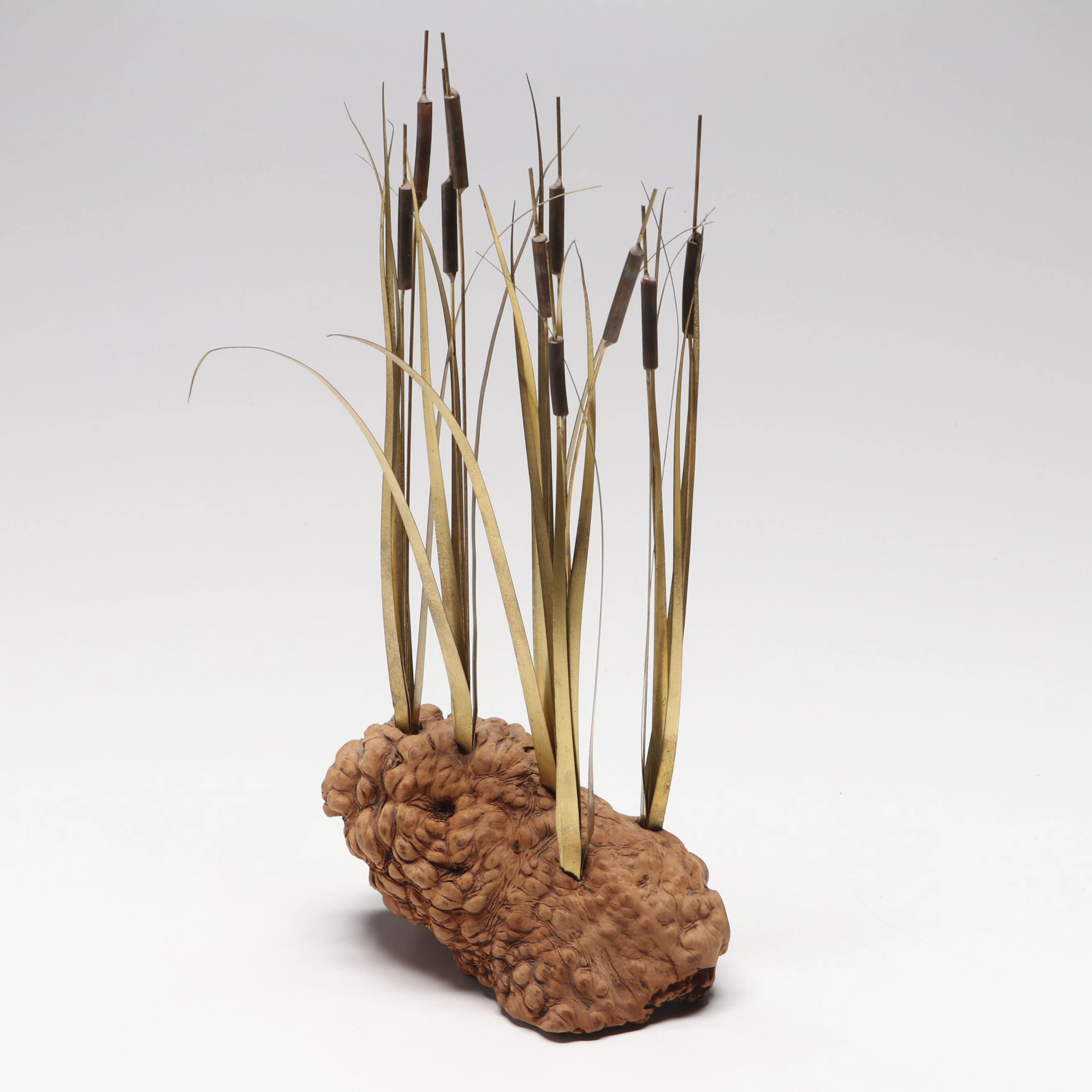 Mid Century Modern Brass Cattail & Wood Sculpture Attributed to Curtis Jeré