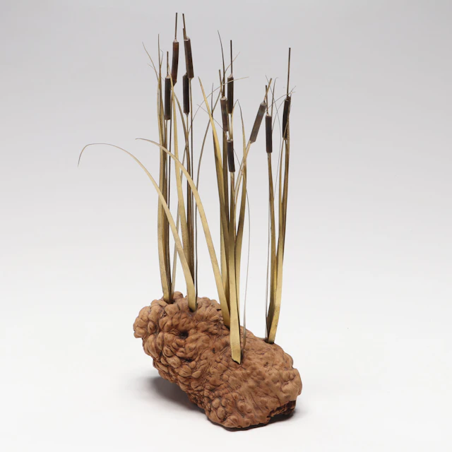 Mid Century Modern Brass Cattail & Wood Sculpture Attributed to Curtis Jeré