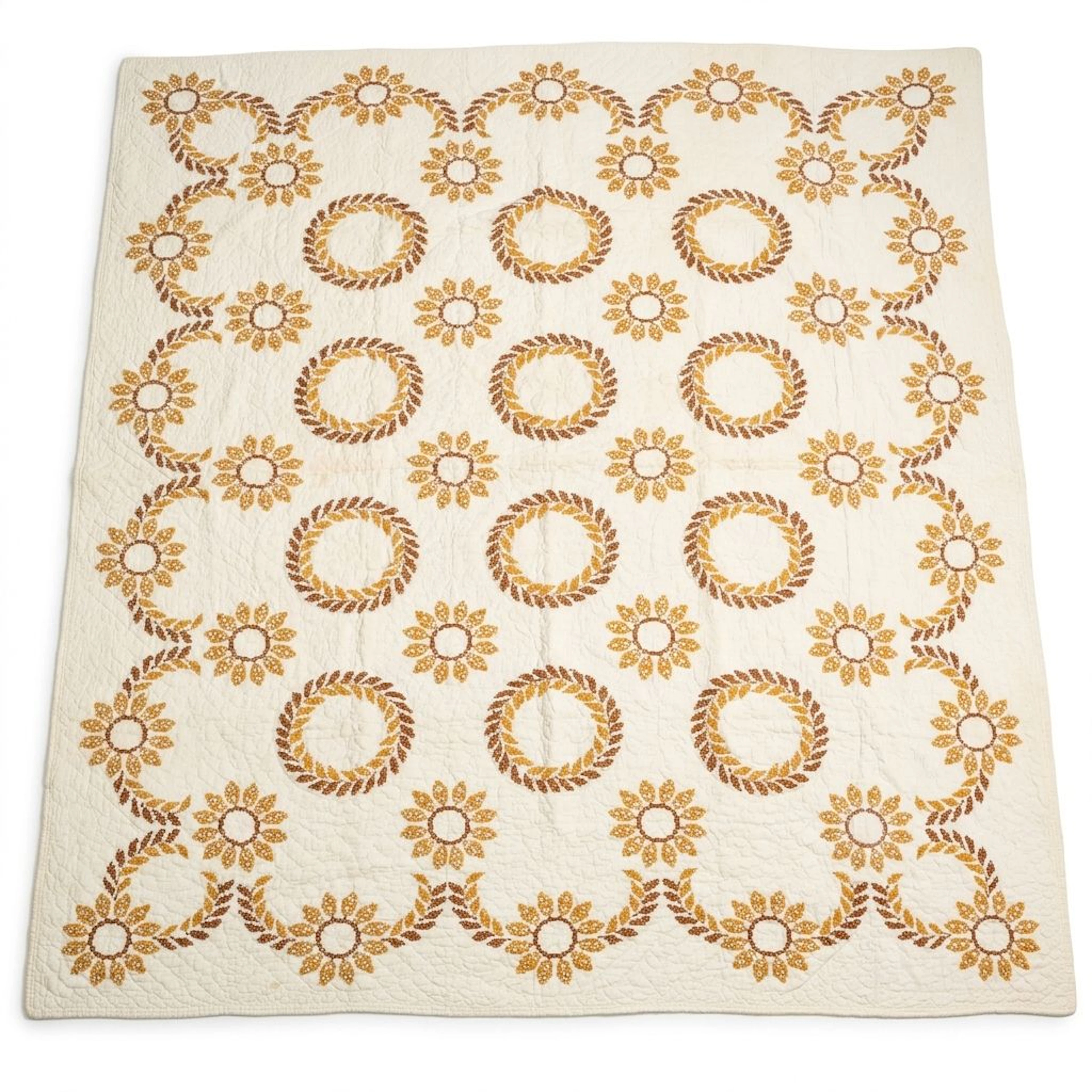 Hand-Stitched Cross-Stitch Full Size Cotton Quilt, Vintage