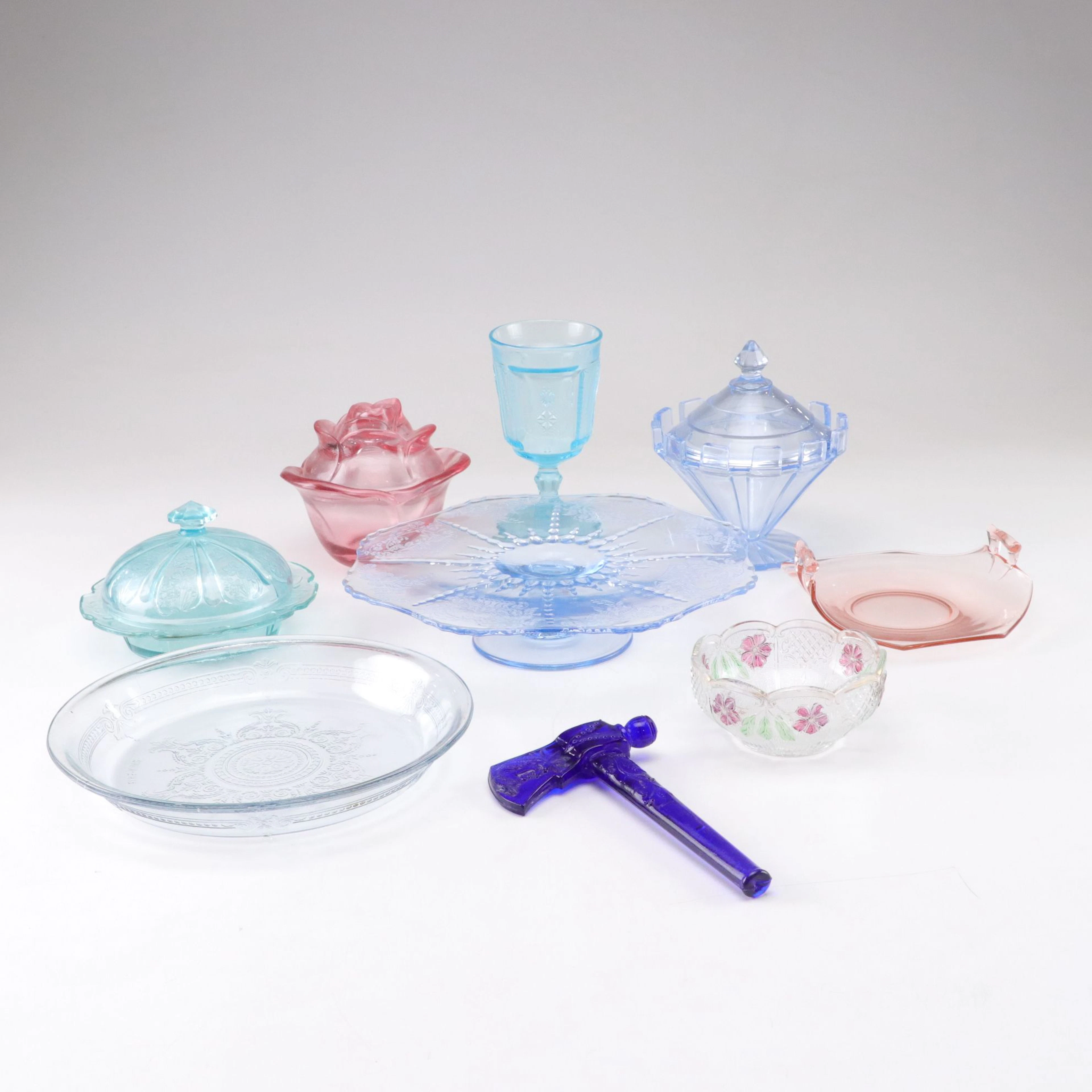 Depression Glass Cake Stand, Candy Dish, Pie Plate, and More
