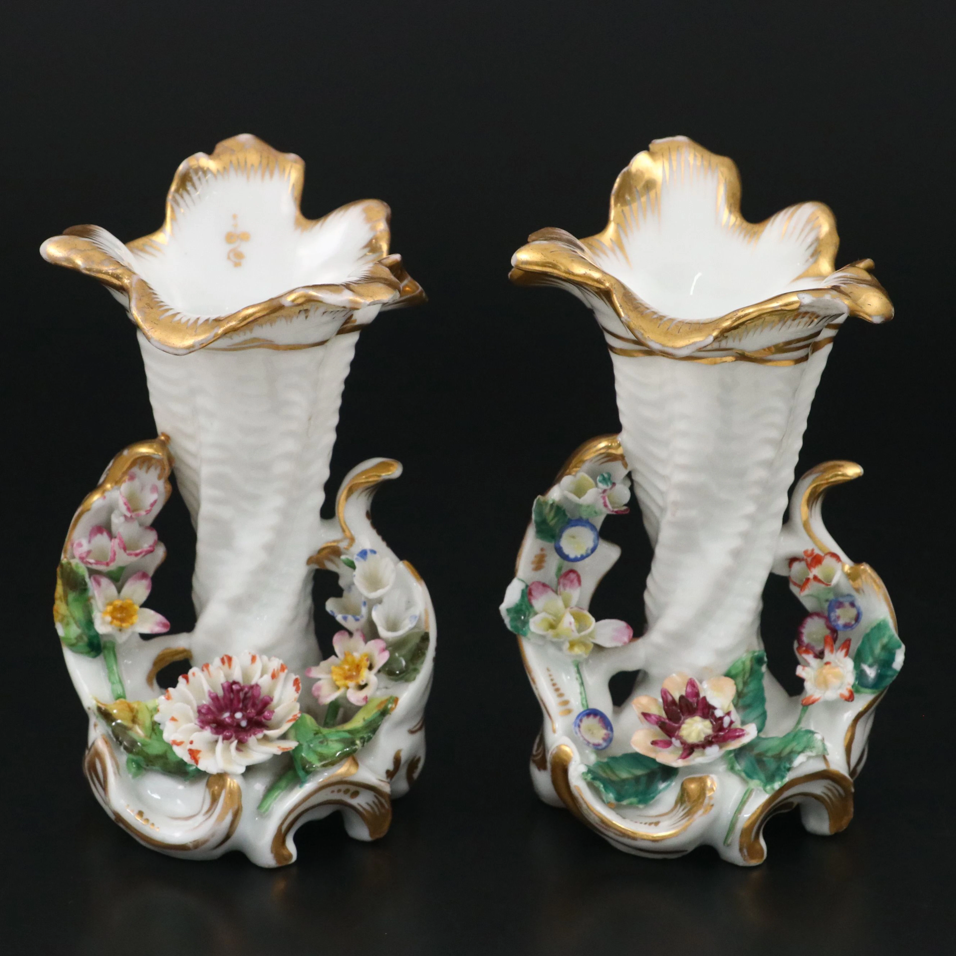 Pair of Victorian Style Porcelain Cornucopia Vases with Applied Flowers