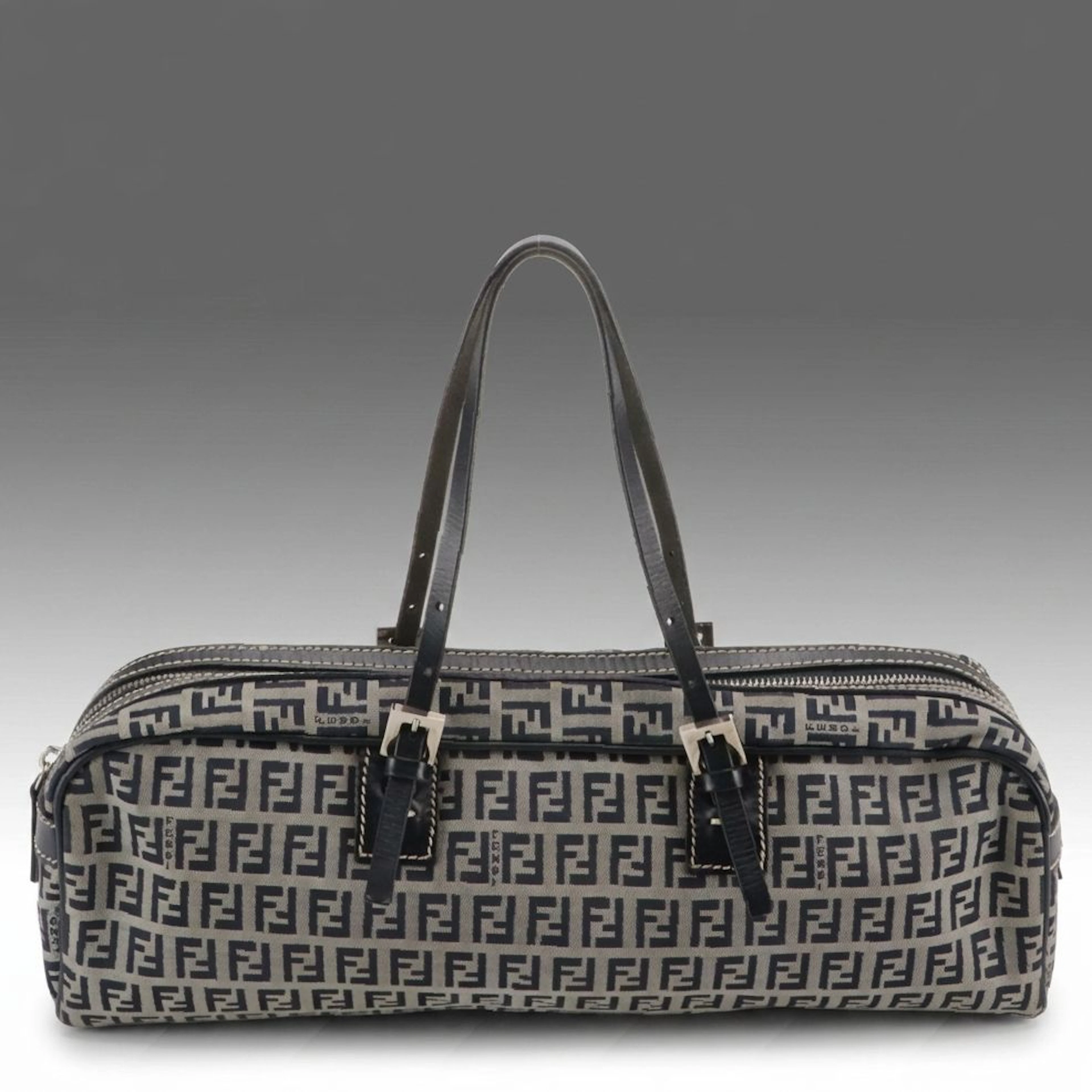 Fendi East/West Baguette in Navy Zucchino Canvas with Leather Trim