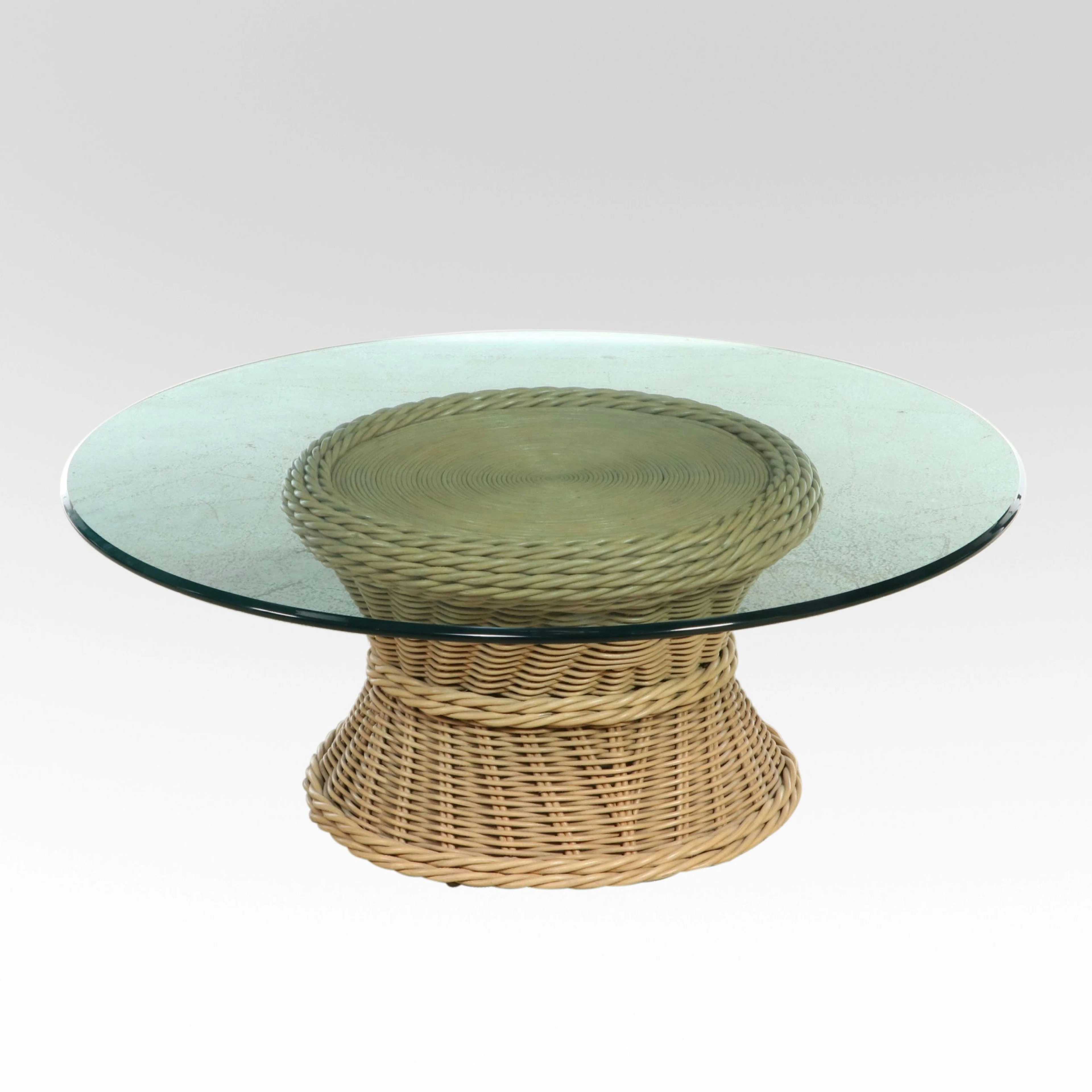 Mid Century Modern Style Woven Rattan and Glass Top Coffee Table