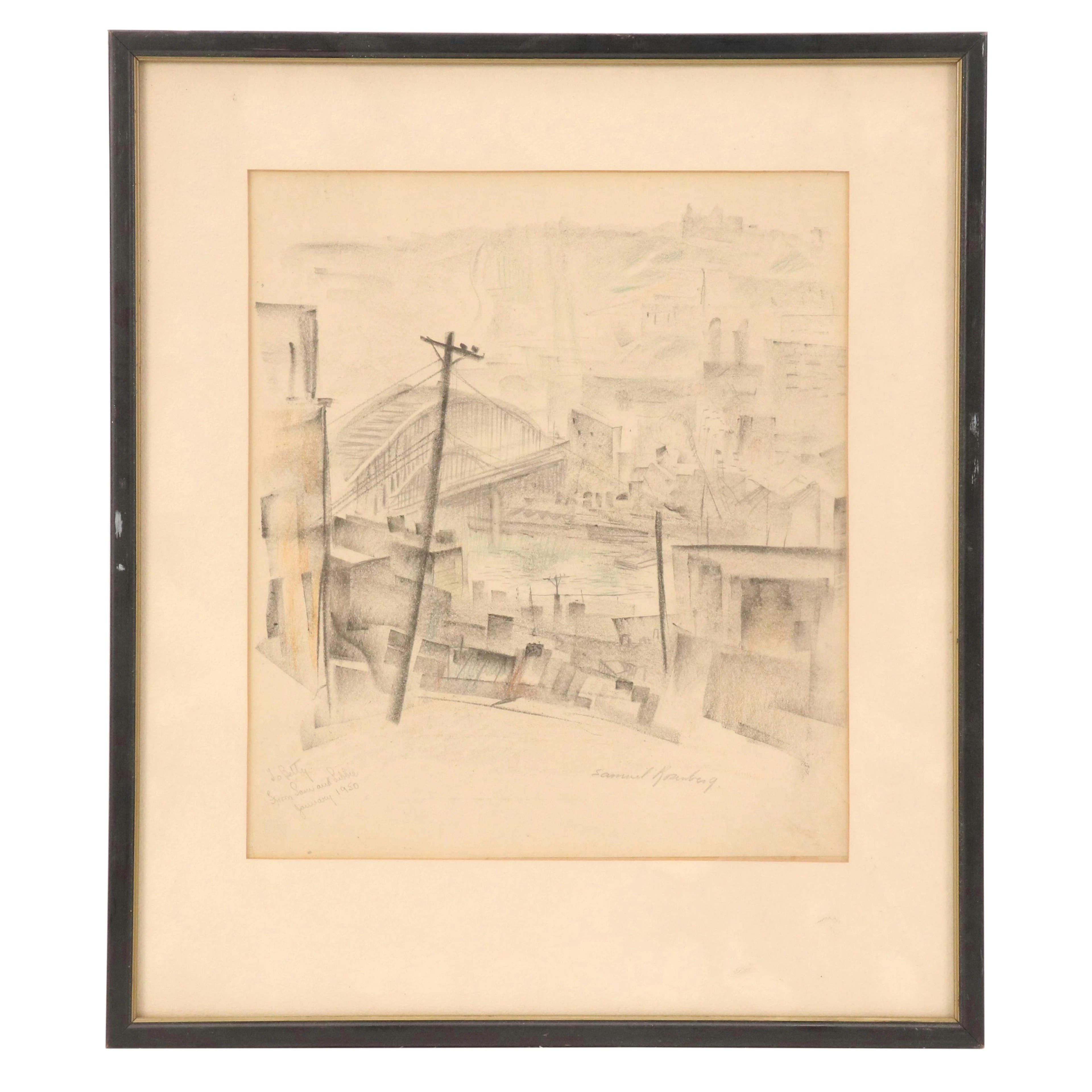 Samuel Rosenberg Cityscape Graphite Drawing of River Scene, 1950