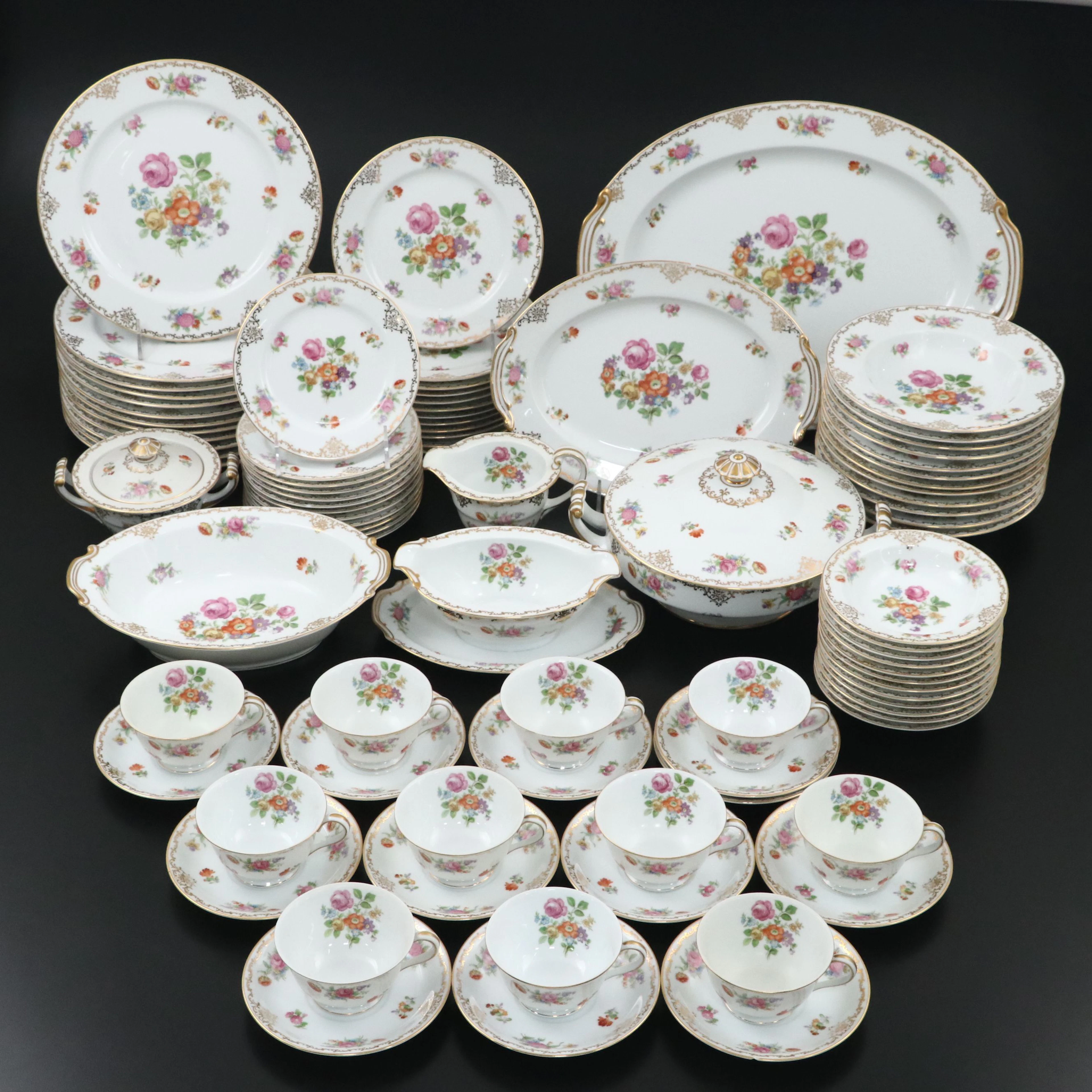 Noritake Porcelain Floral Pattern Dinnerware and Serving Pieces, 1945-1952
