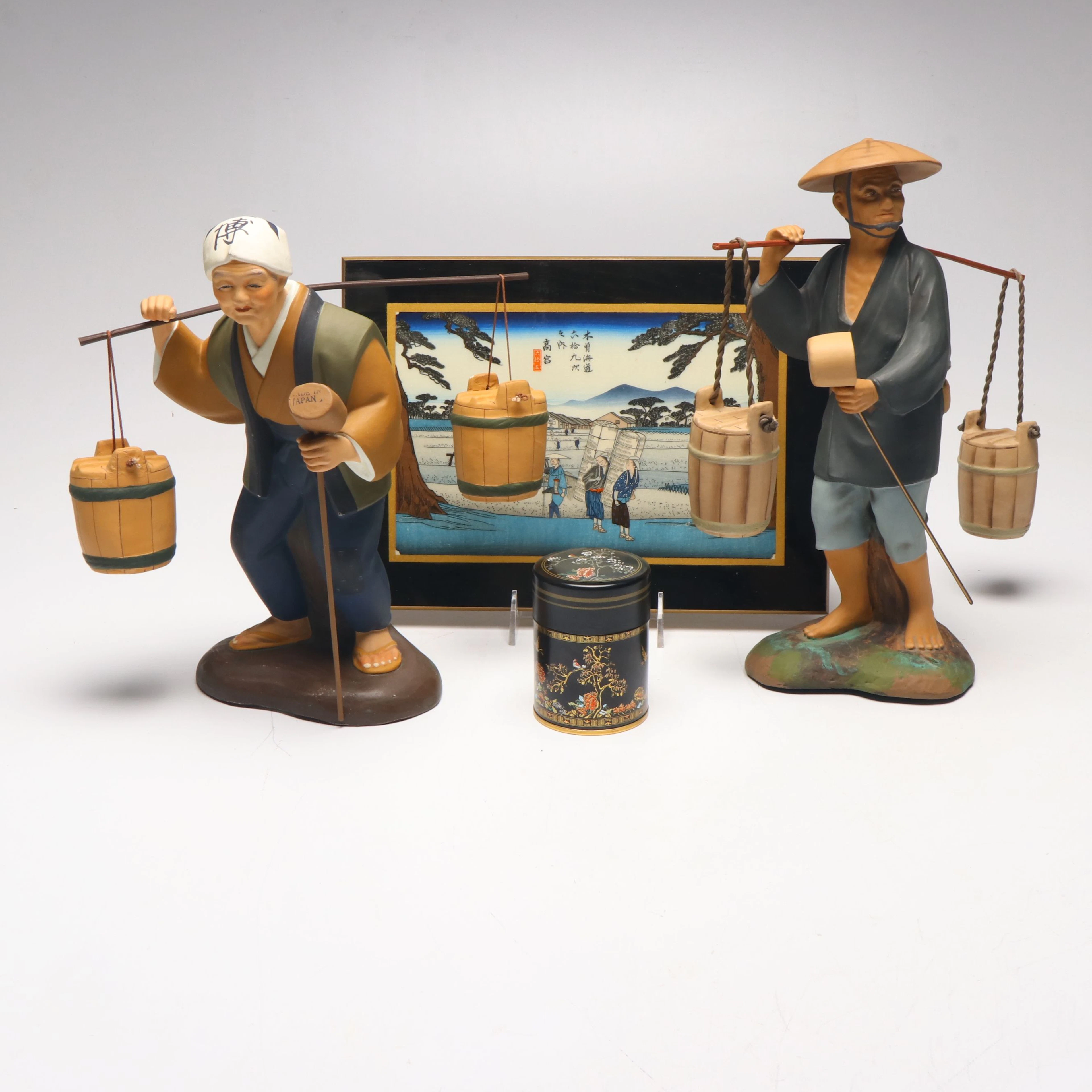 Urasaki Hakata Ceramic Dolls with Japanese Woodcut and Tin