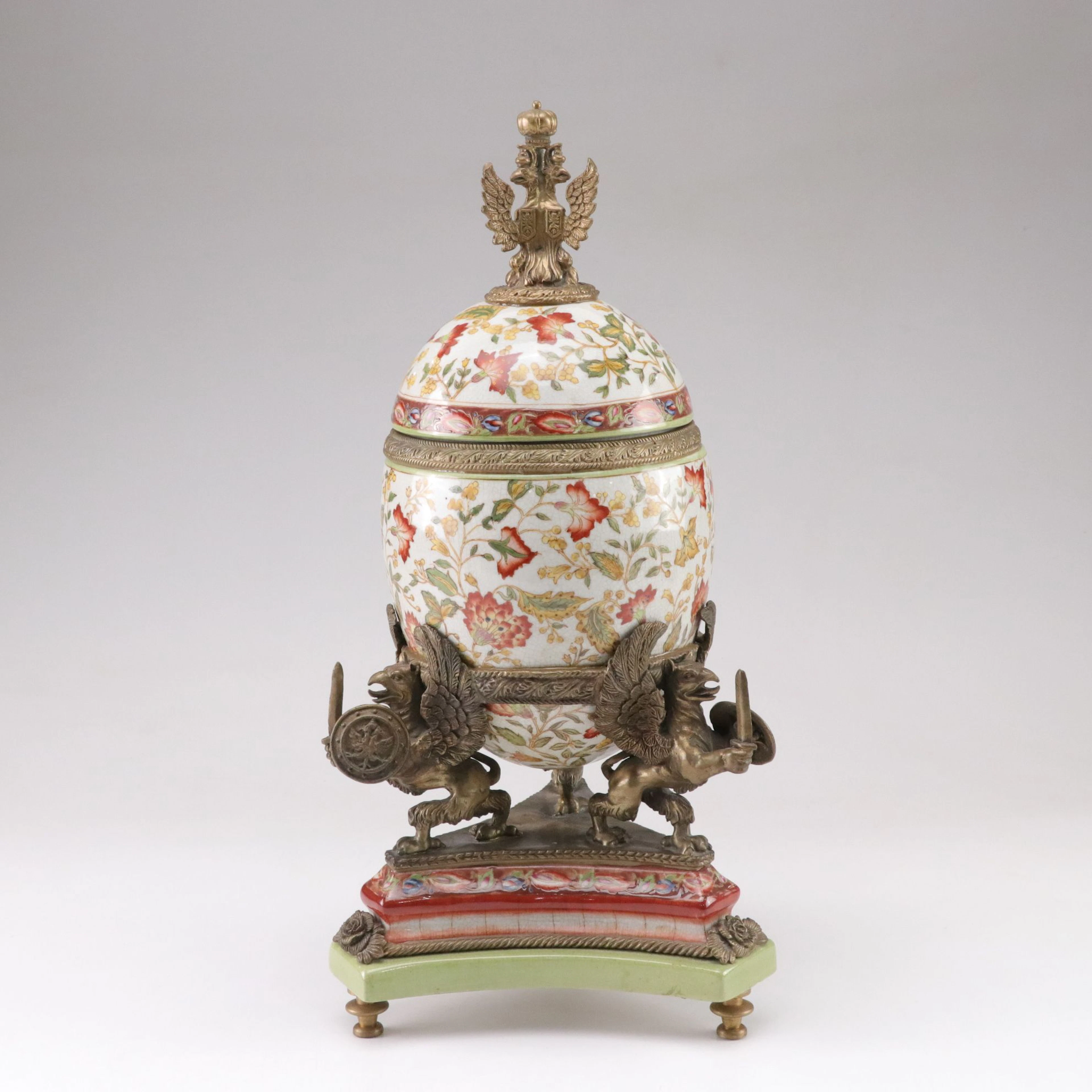 Castilian Imports Faberge Style Porcelain & Brass Egg Urn