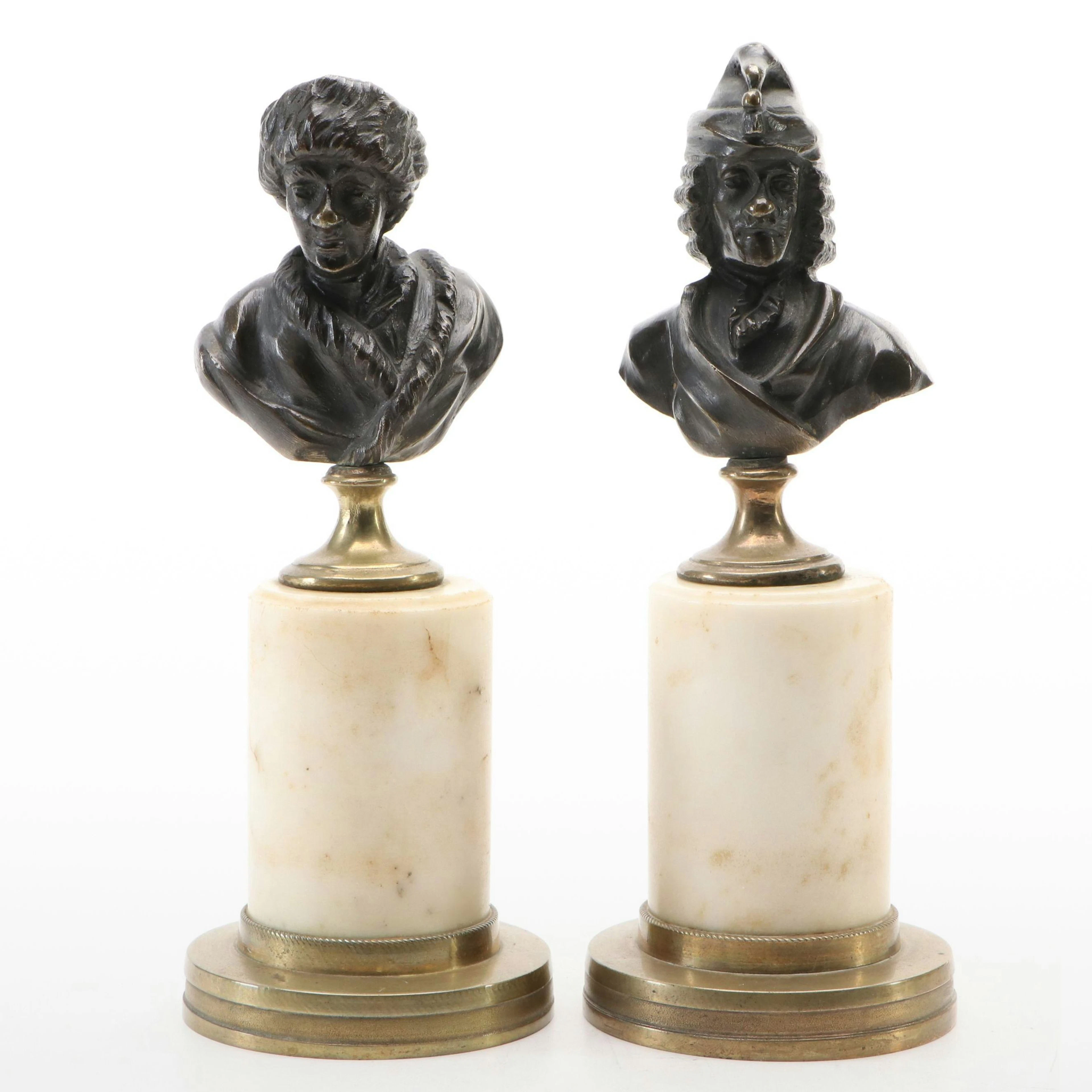 Voltaire and Jean-Jacques Rousseau Bronze Busts on Marble Stands, 19th Century