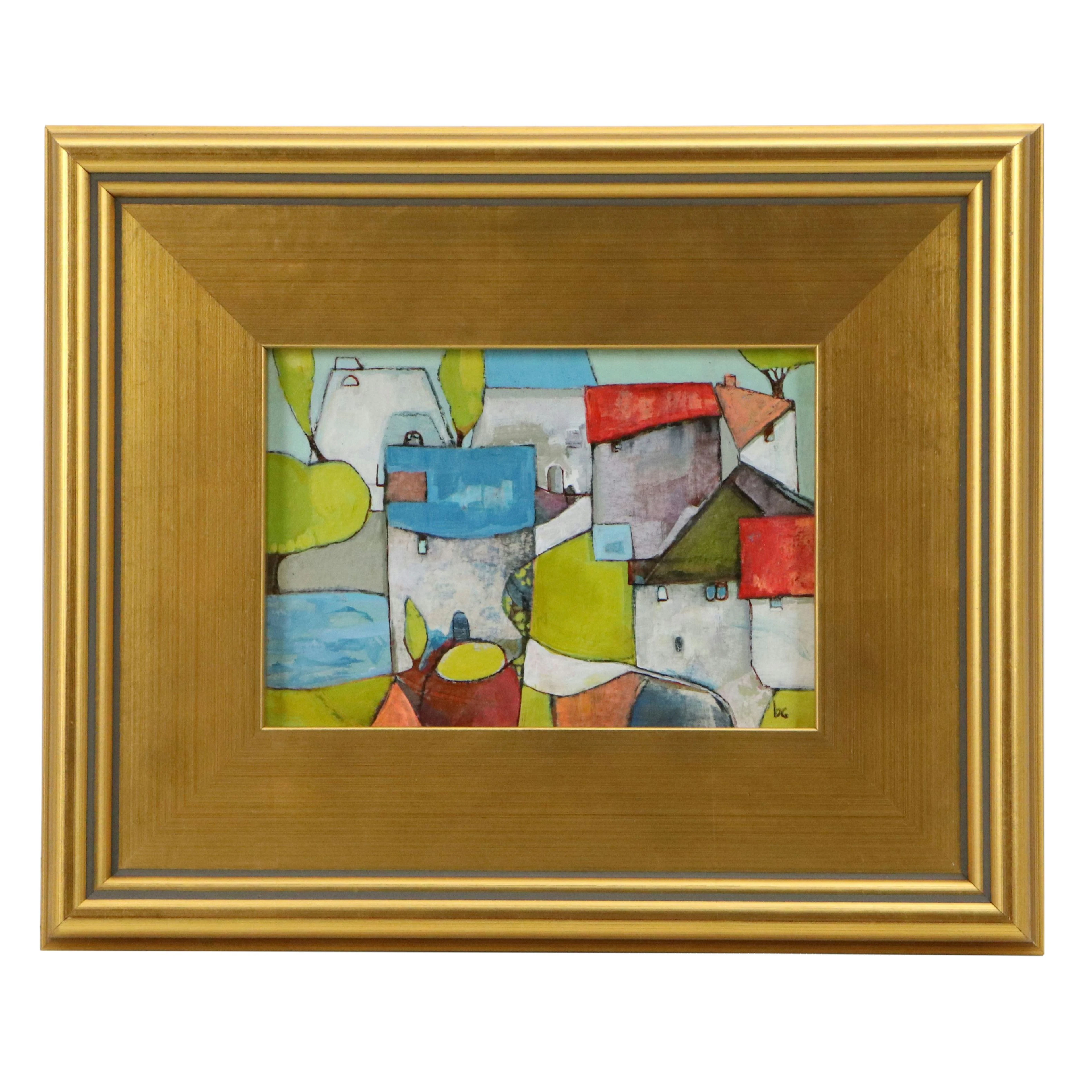 Abstracted Cityscape Oil Painting of Neighborhood, 21st Century