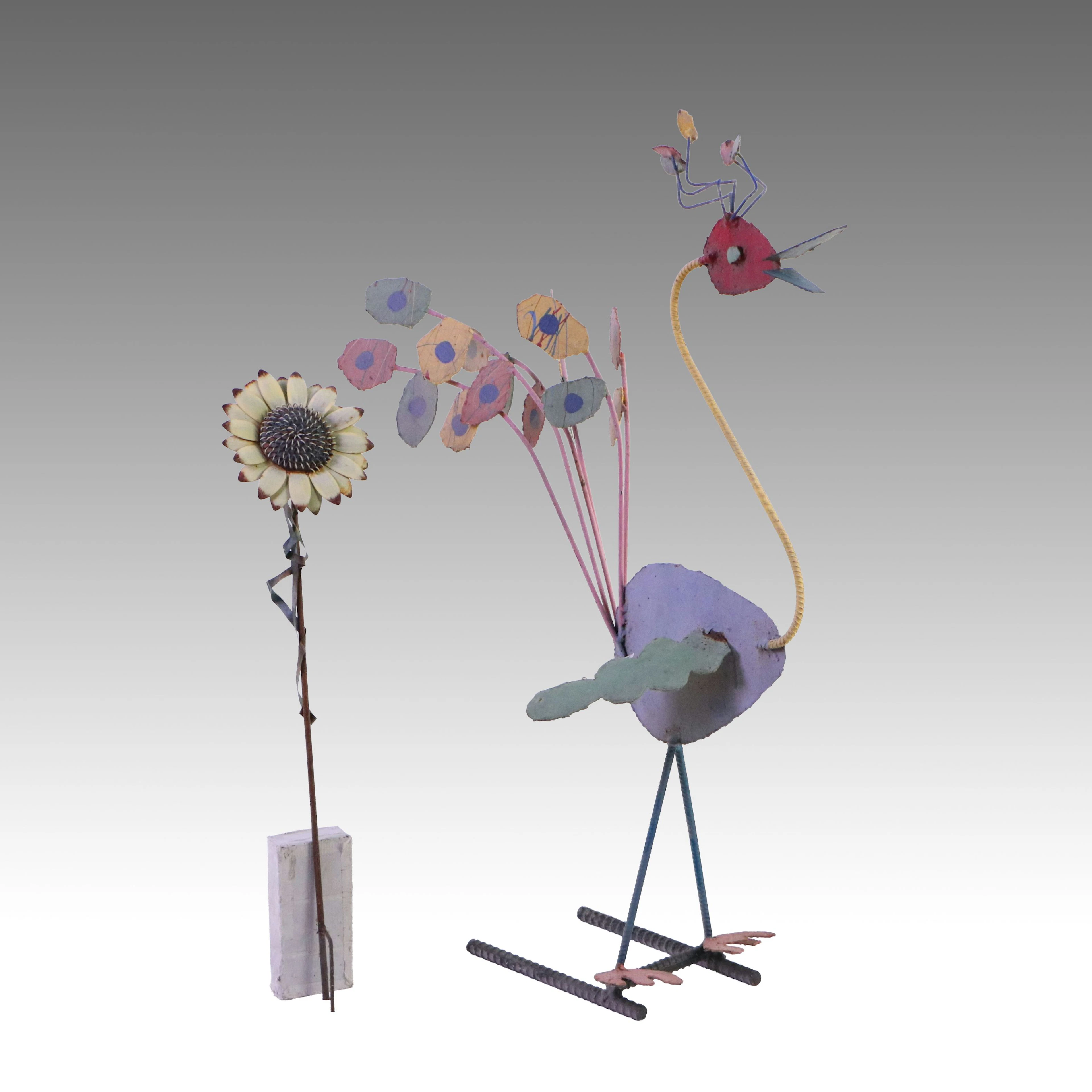 Whimsical Metal Garden Sculptures of Stylized Bird and Sunflower, 21st Century