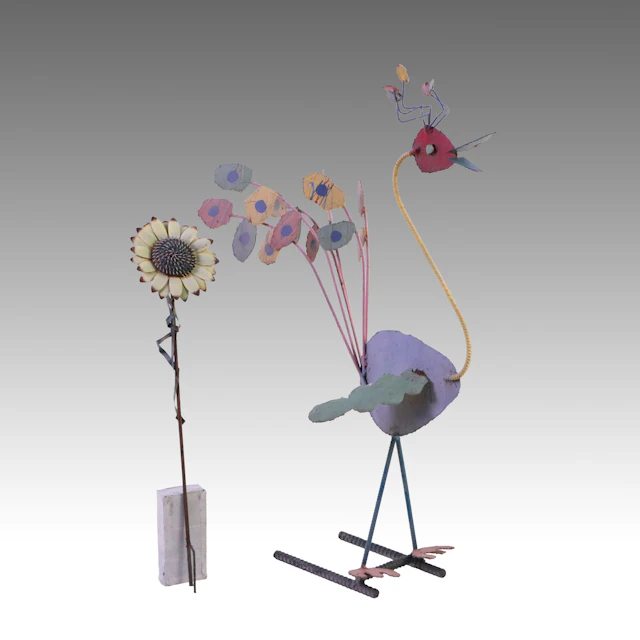 Whimsical Metal Garden Sculptures of Stylized Bird and Sunflower, 21st Century