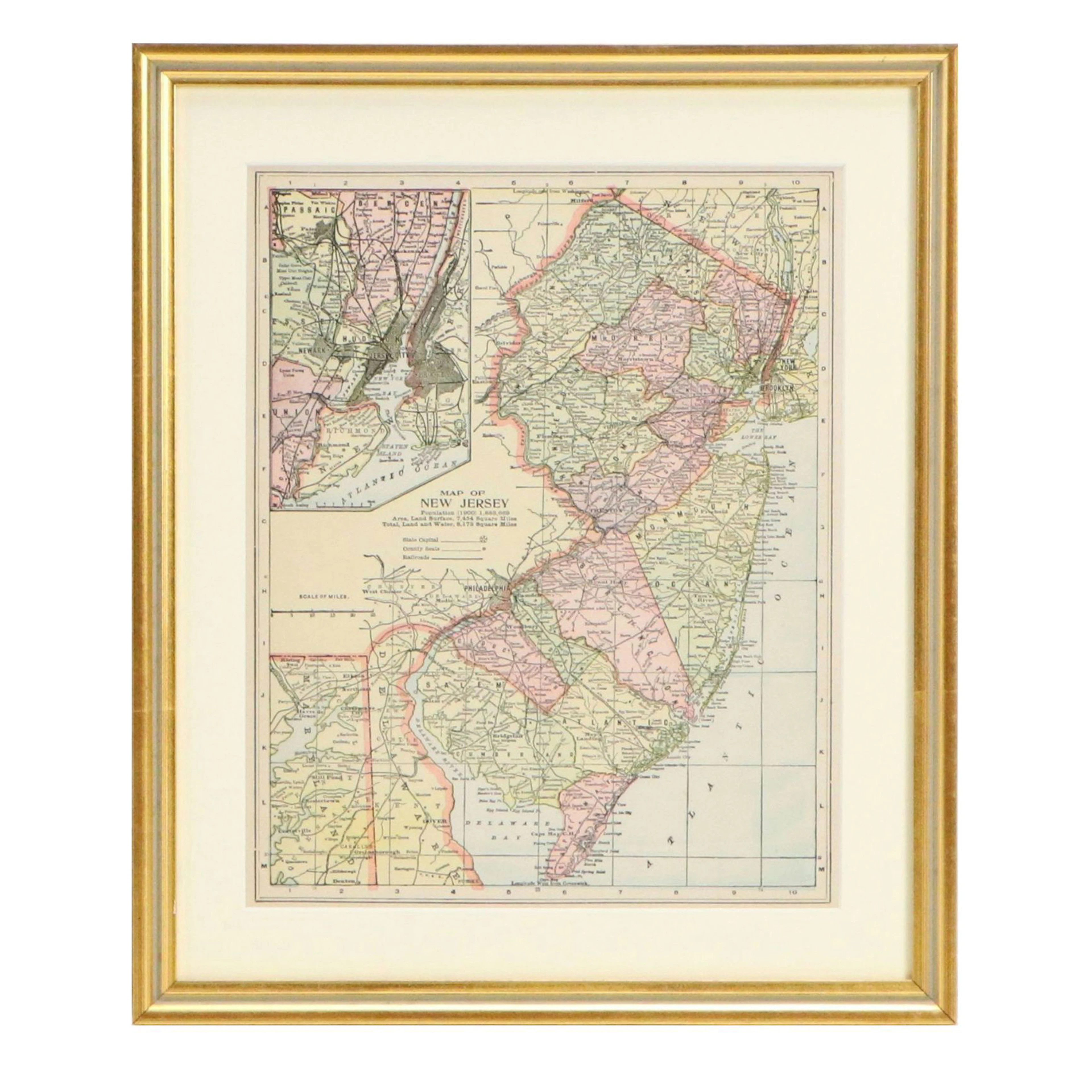 Crowell Published Cerograph Print "Map of New Jersey," Circa 1908