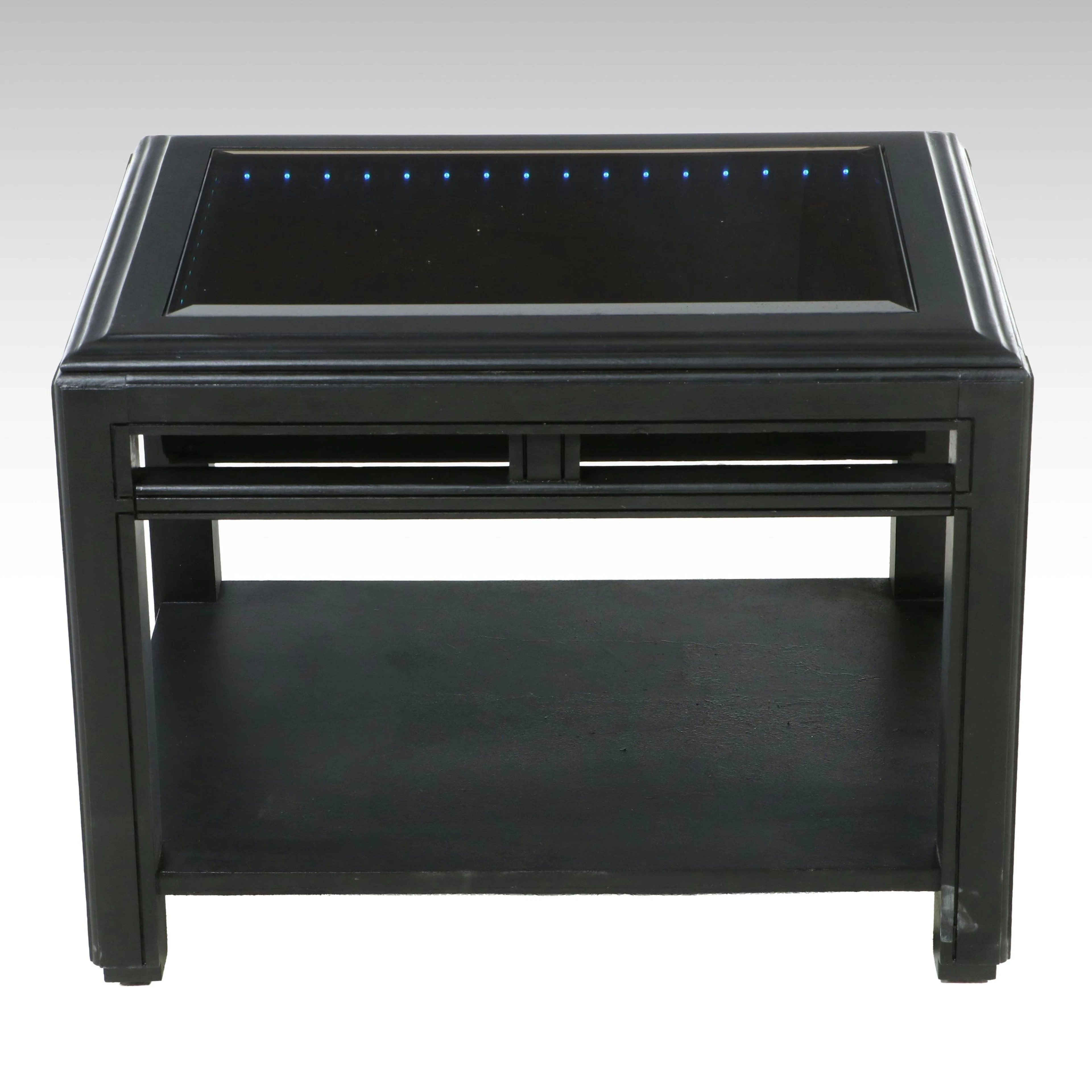 Black Painted Wood End Table with Illuminated Inset "Infinity Mirror" Style Top