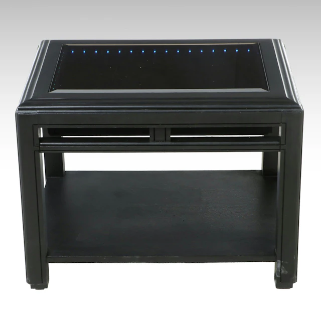 Black Painted Wood End Table with Illuminated Inset "Infinity Mirror" Style Top
