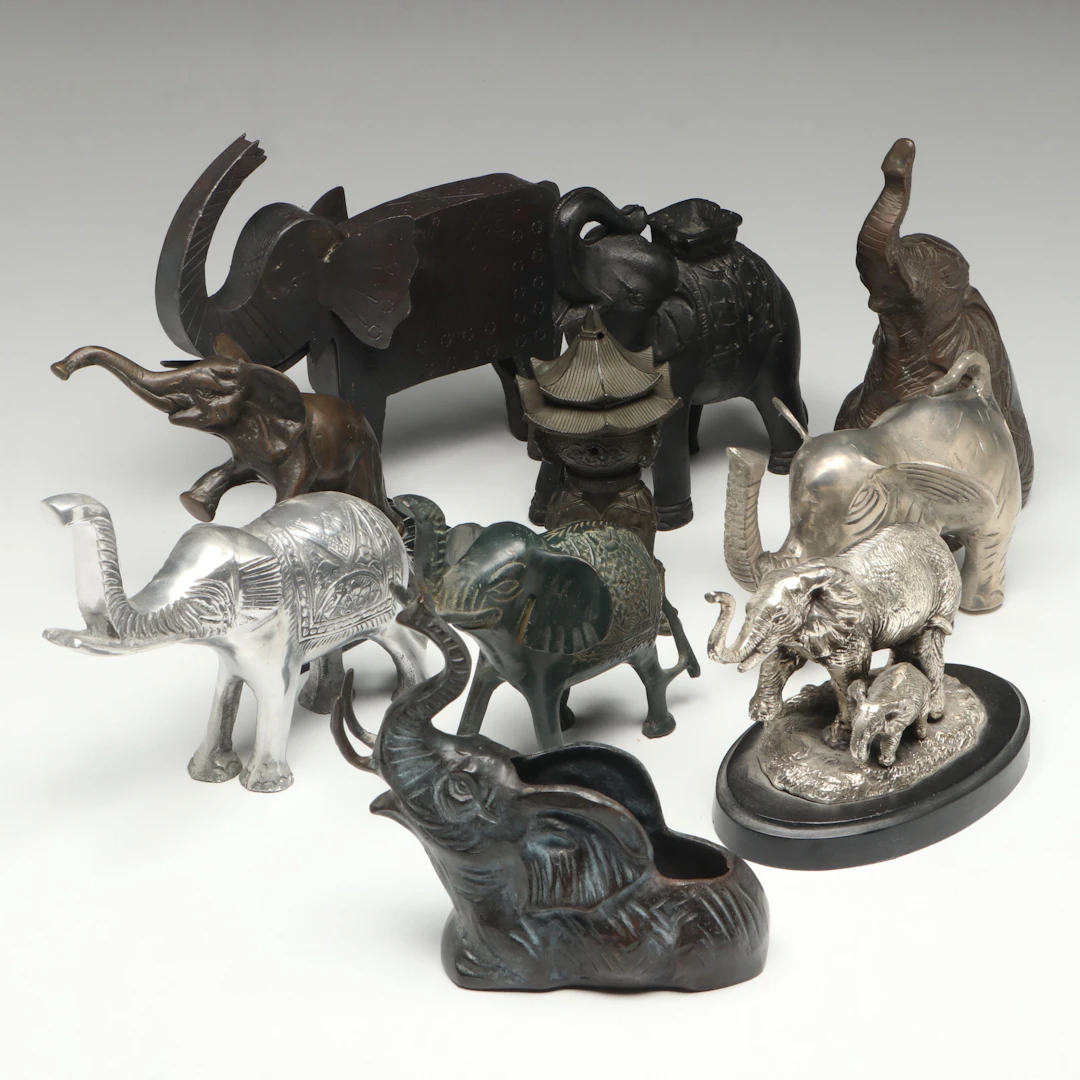 Contemporary Metal Elephant Figures with Chinese Pagoda Style Censer