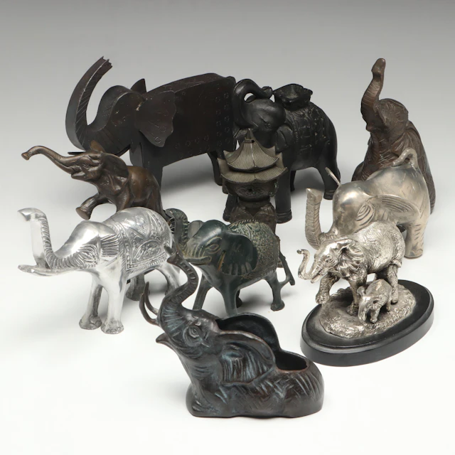 Contemporary Metal Elephant Figures with Chinese Pagoda Style Censer
