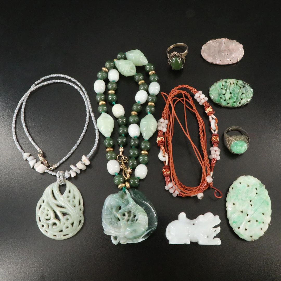 Chinese Carved Jewelry Selection Including Sterling and 800 Silver