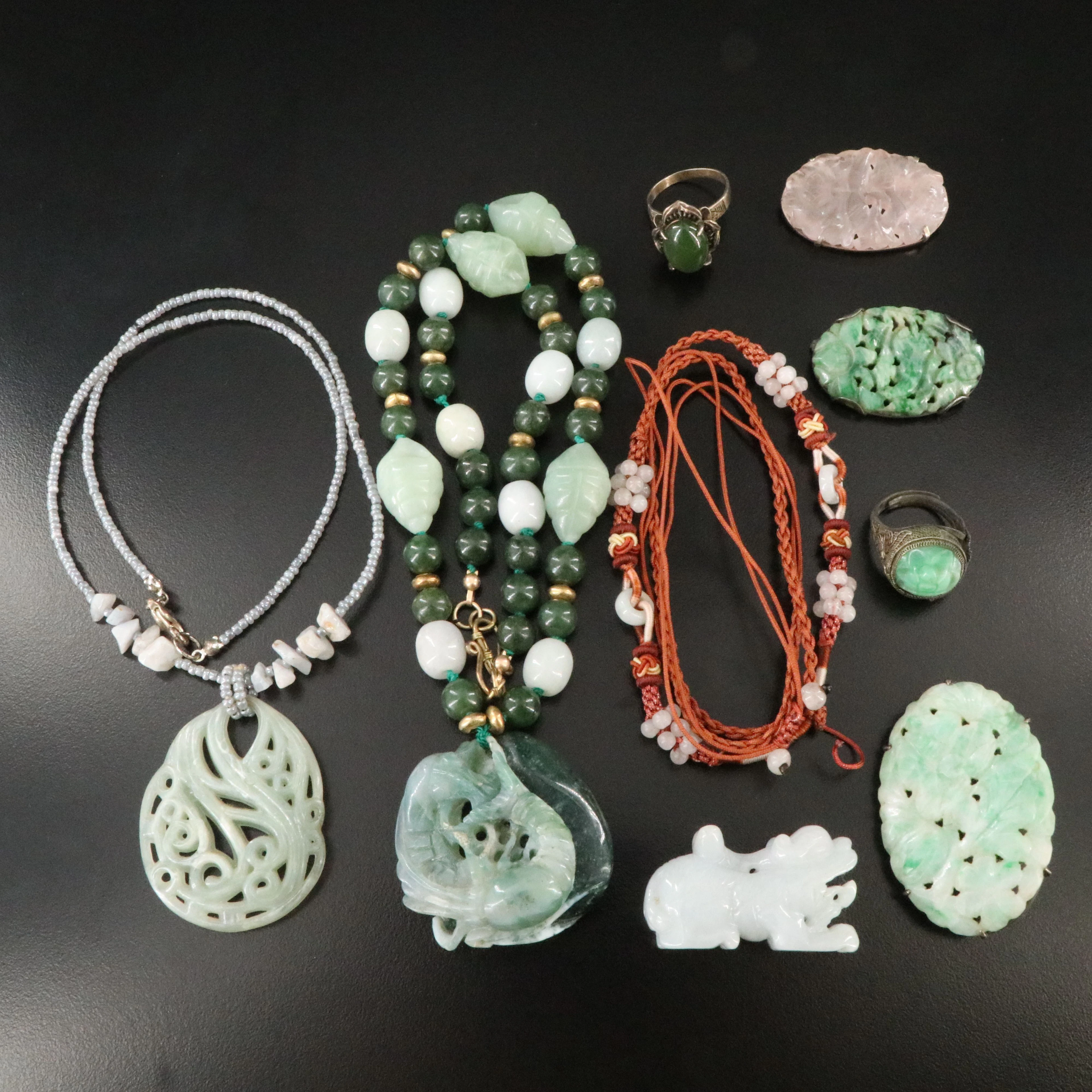Chinese Carved Jewelry Selection Including Sterling and 800 Silver