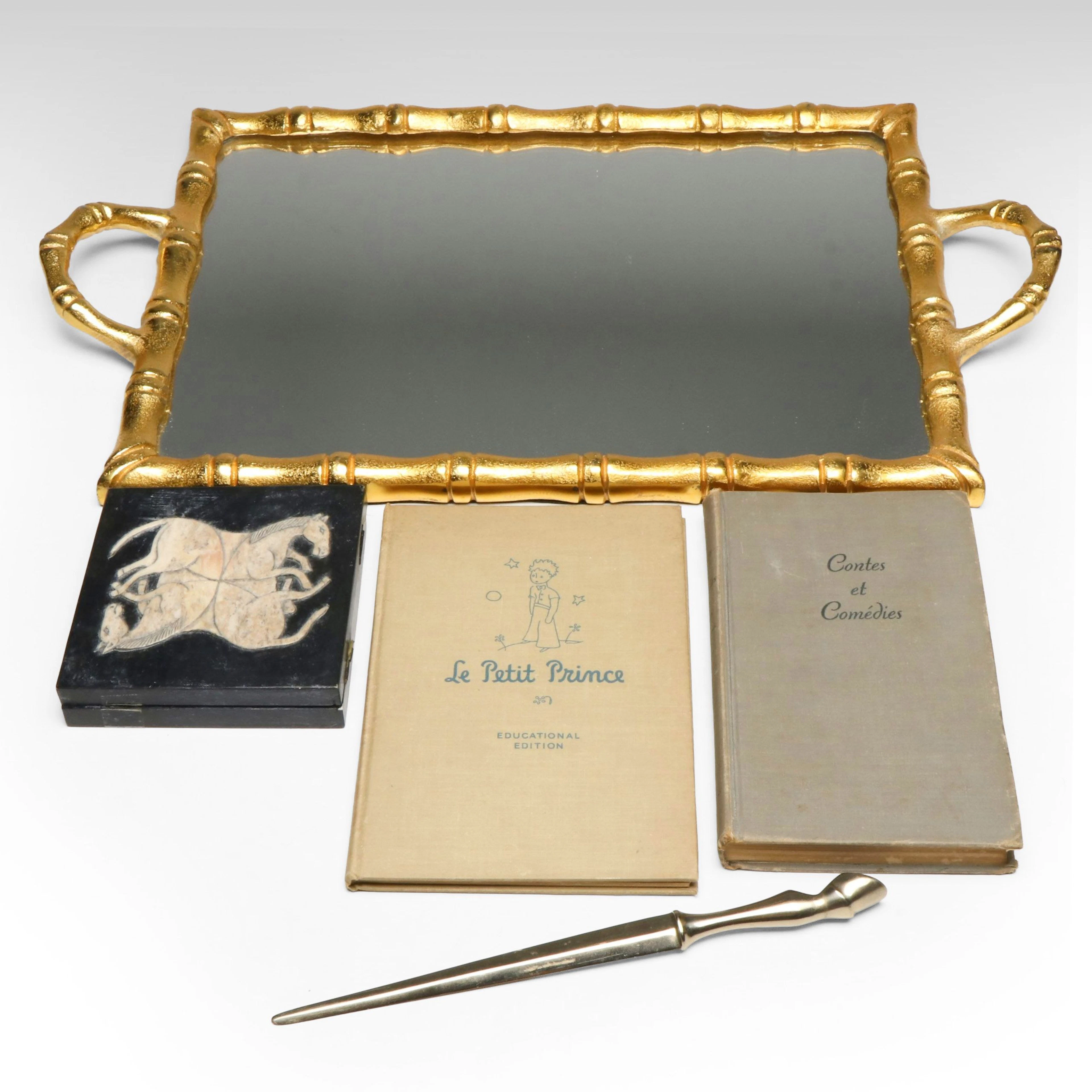 Gold Tone Faux Bamboo Mirrored Tray with Horse Hoof Letter Opener