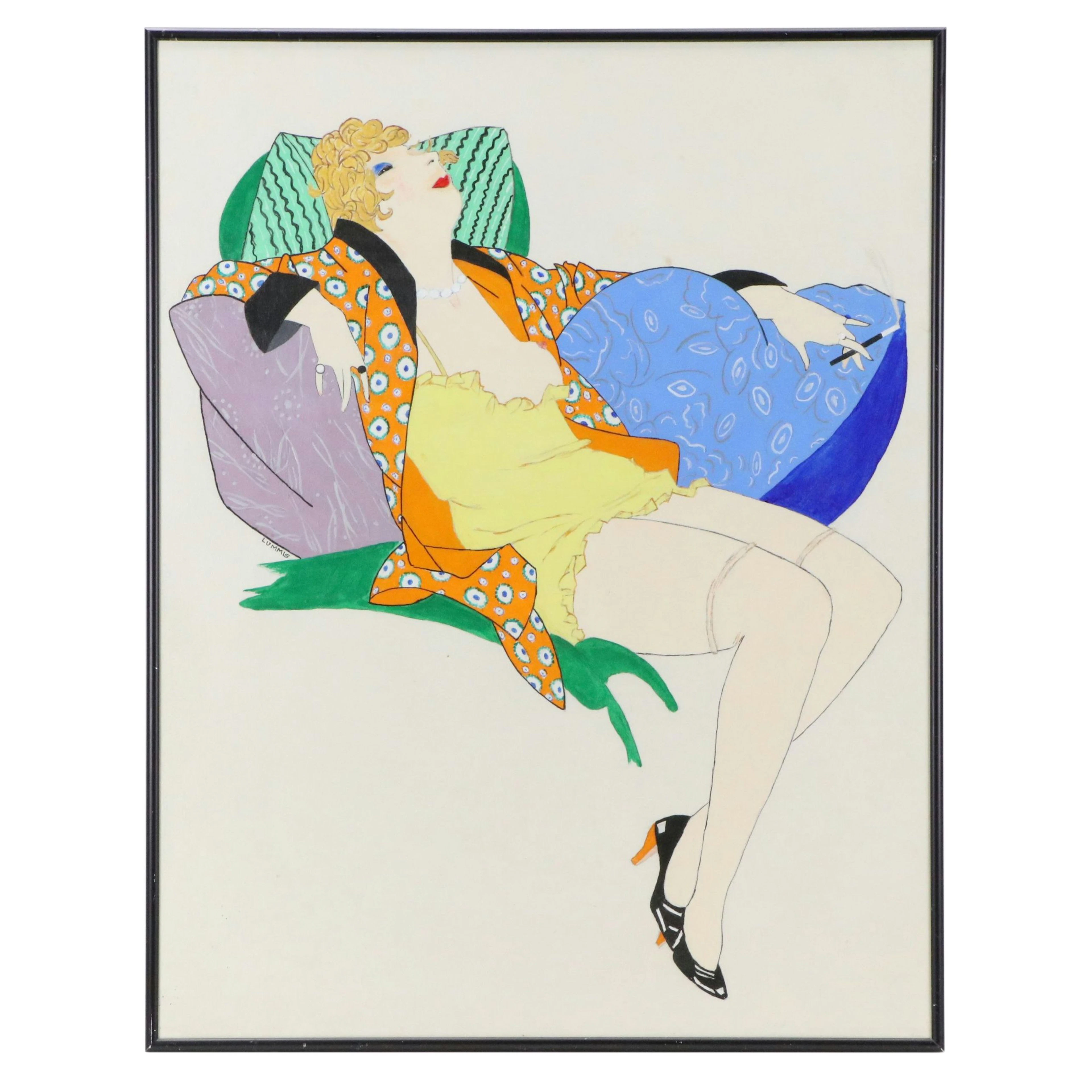 Art Deco Style Gouache Painting of Reclining Woman, 20th Century