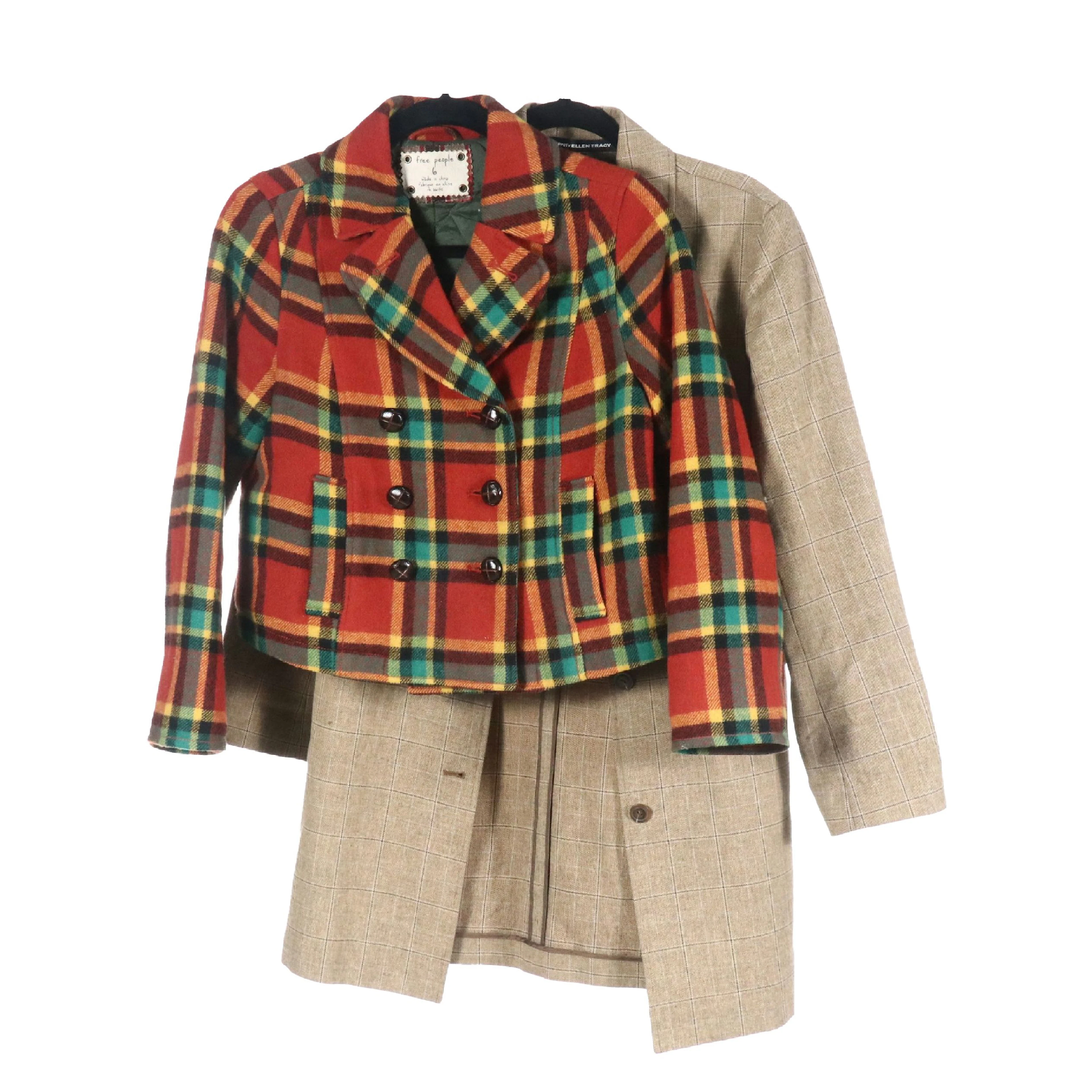 Free People Plaid Wool Double-Breasted Cropped Coat, Ellen Tracy Cotton Coat