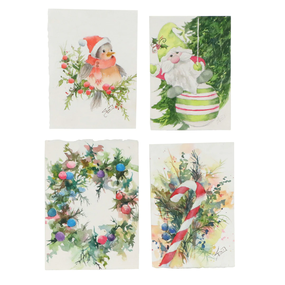 Sue Dion Holiday Watercolor Paintings "Sweet Treat" and More, 21st Century