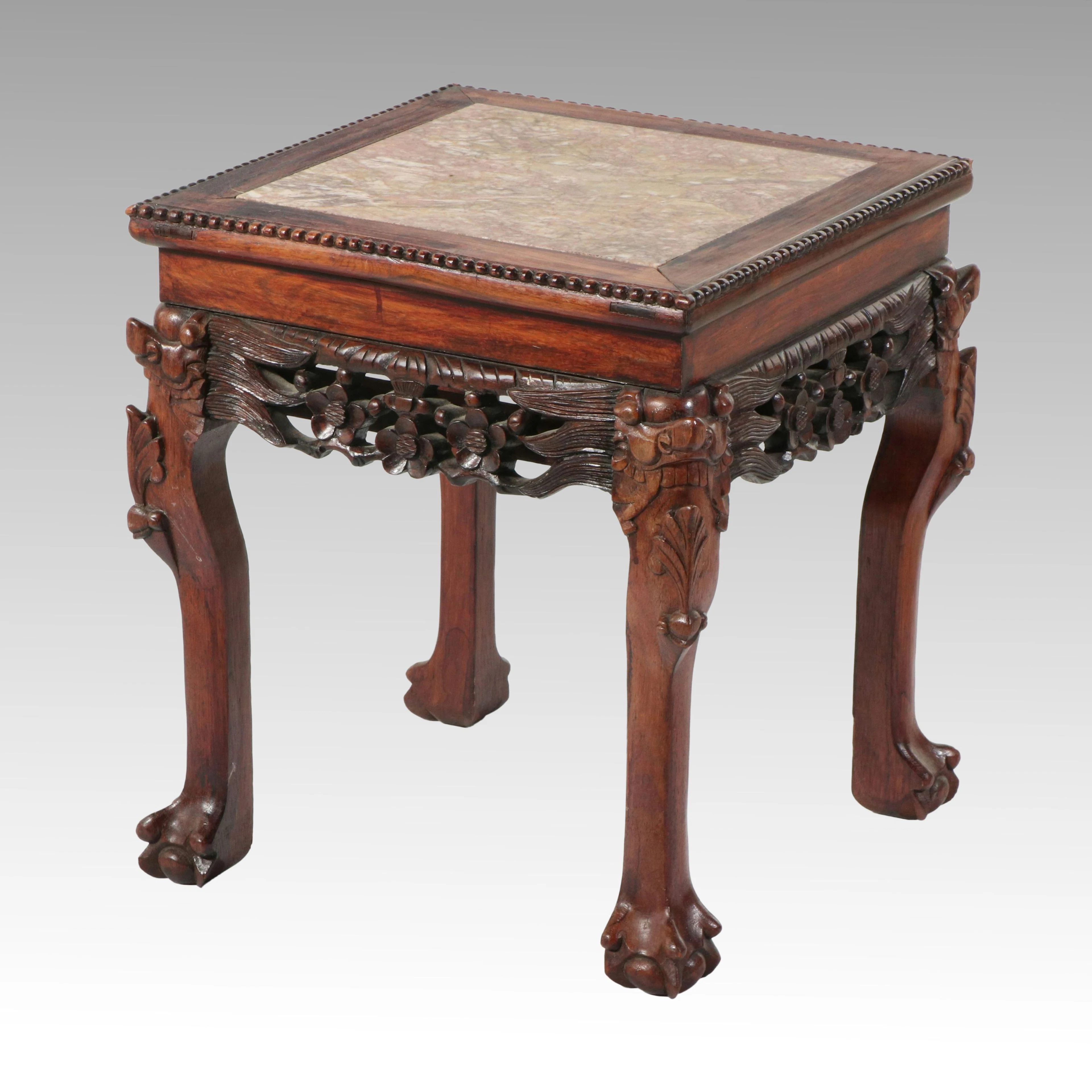 Chinese Carved Wooden Occasional Table with Inset Pink Marble Top