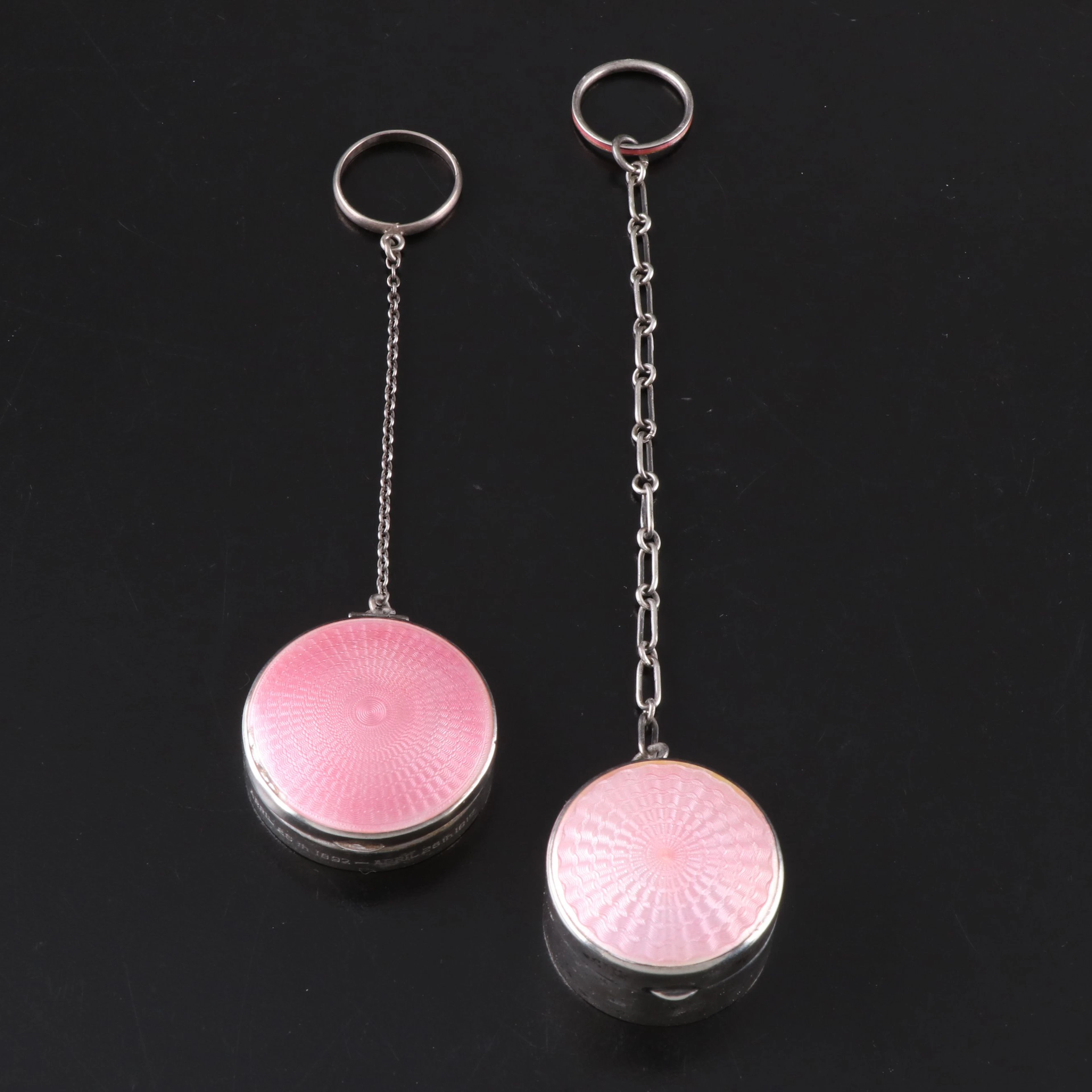 American Art Deco Style Pink Enameled Sterling Silver Compact and Pill Box