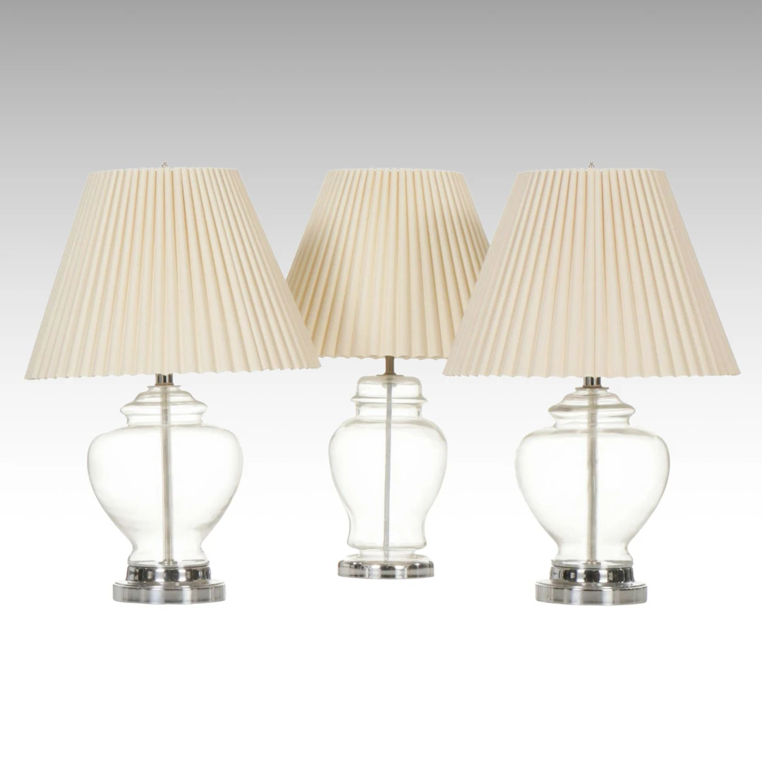 Clear Glass Urn Table Lamps with Fluted Shades