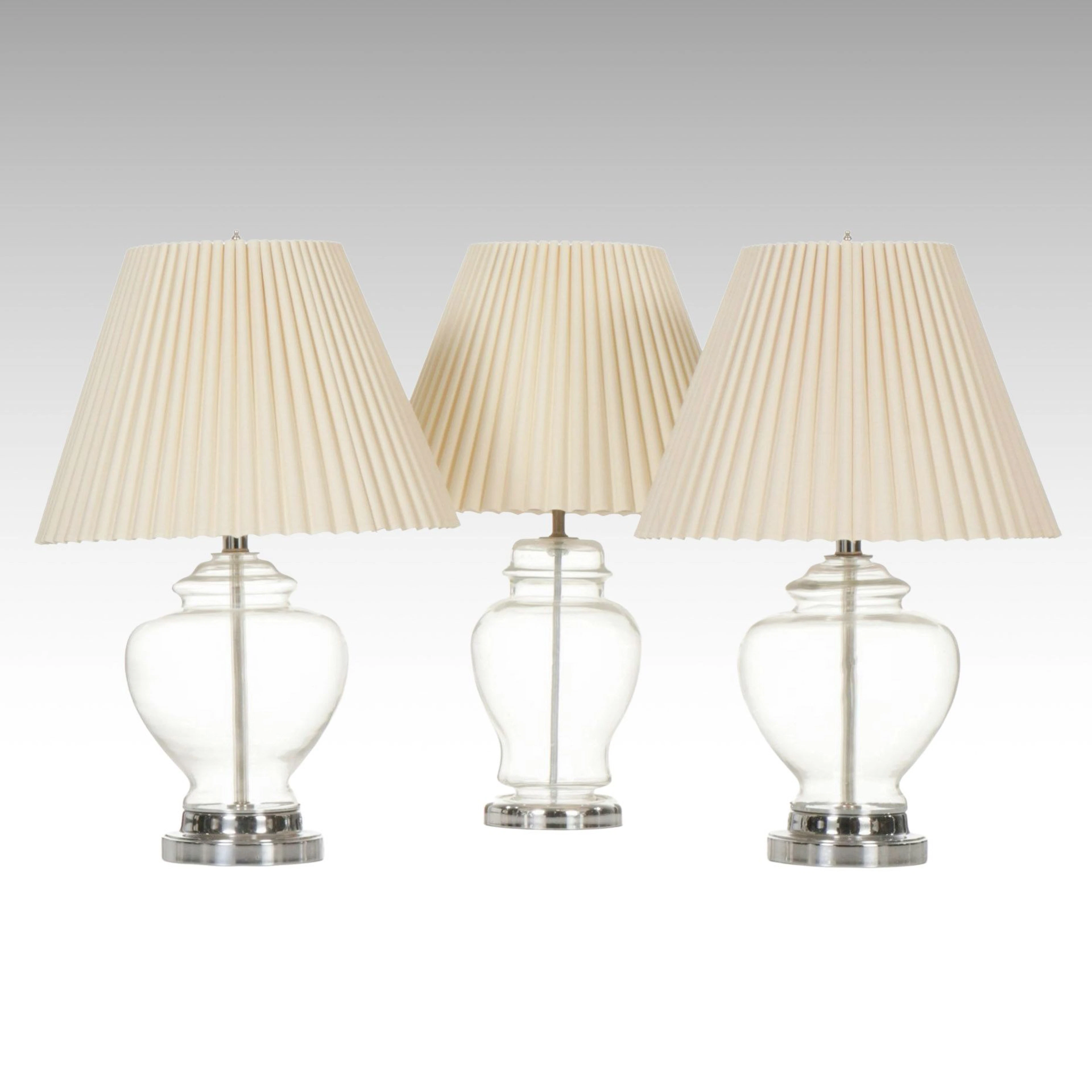 Clear Glass Urn Table Lamps with Fluted Shades