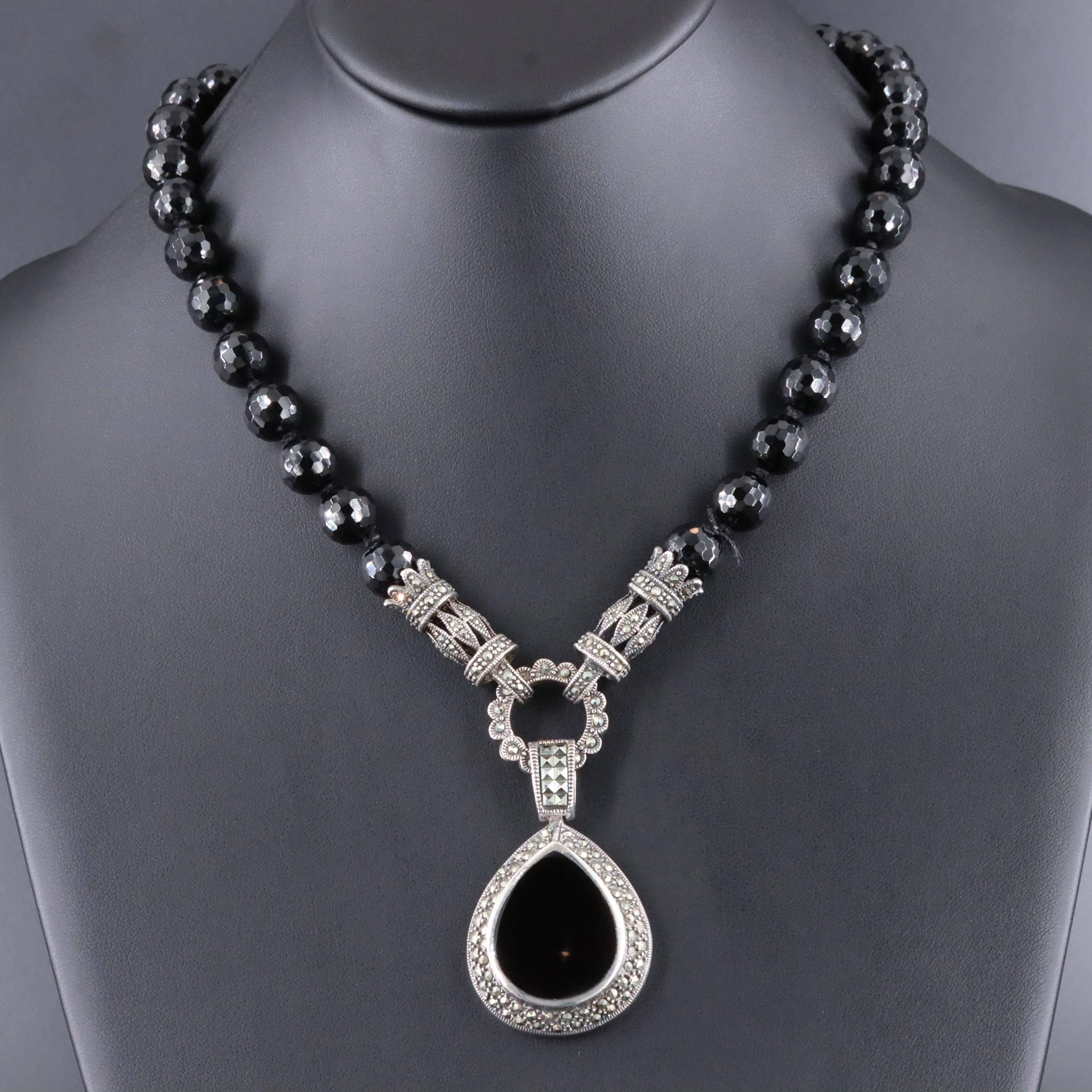 Sterling Black Onyx and Marcasite Pendant Necklace