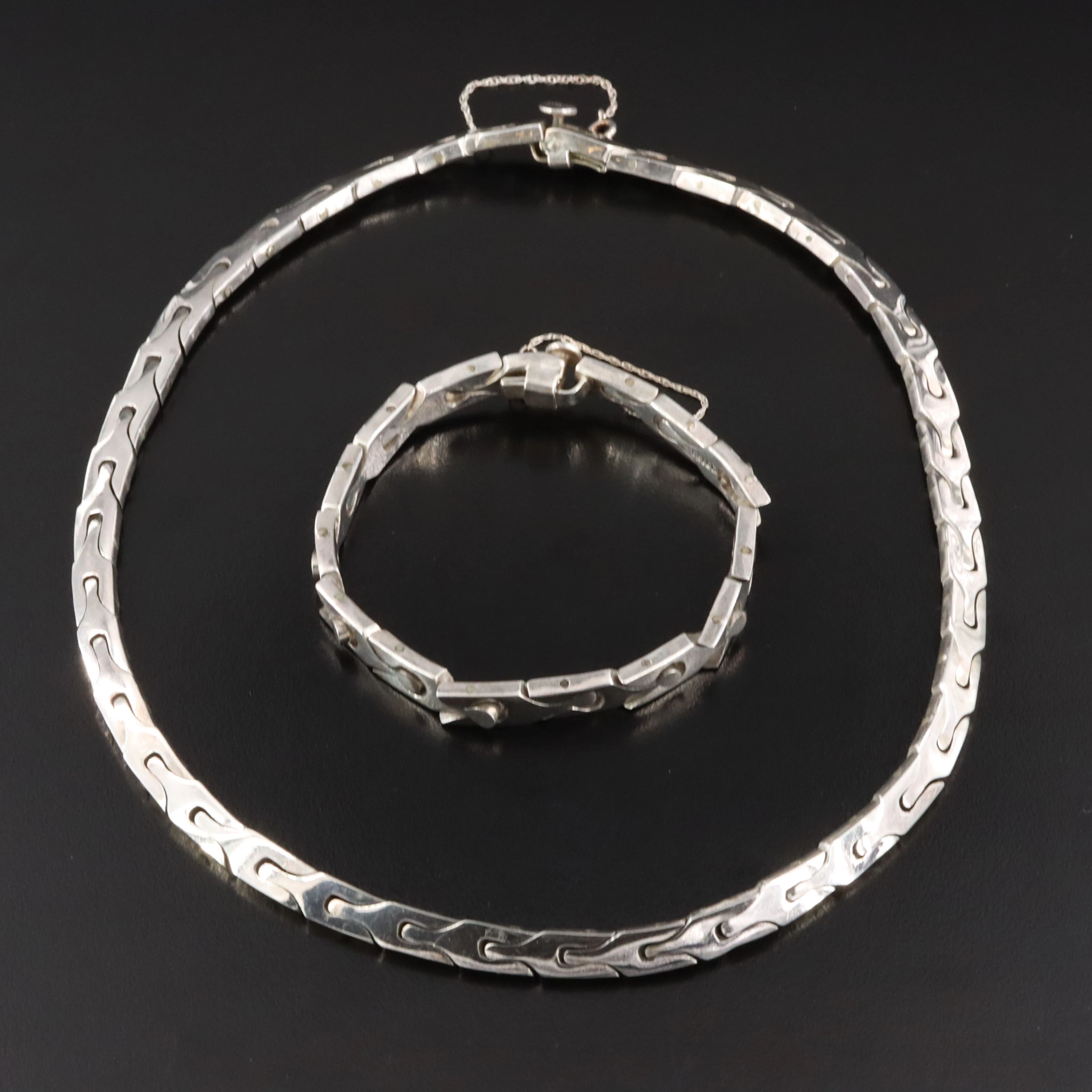 Taxco, Mexican Sterling Bident Link Necklace & Bracelet Set