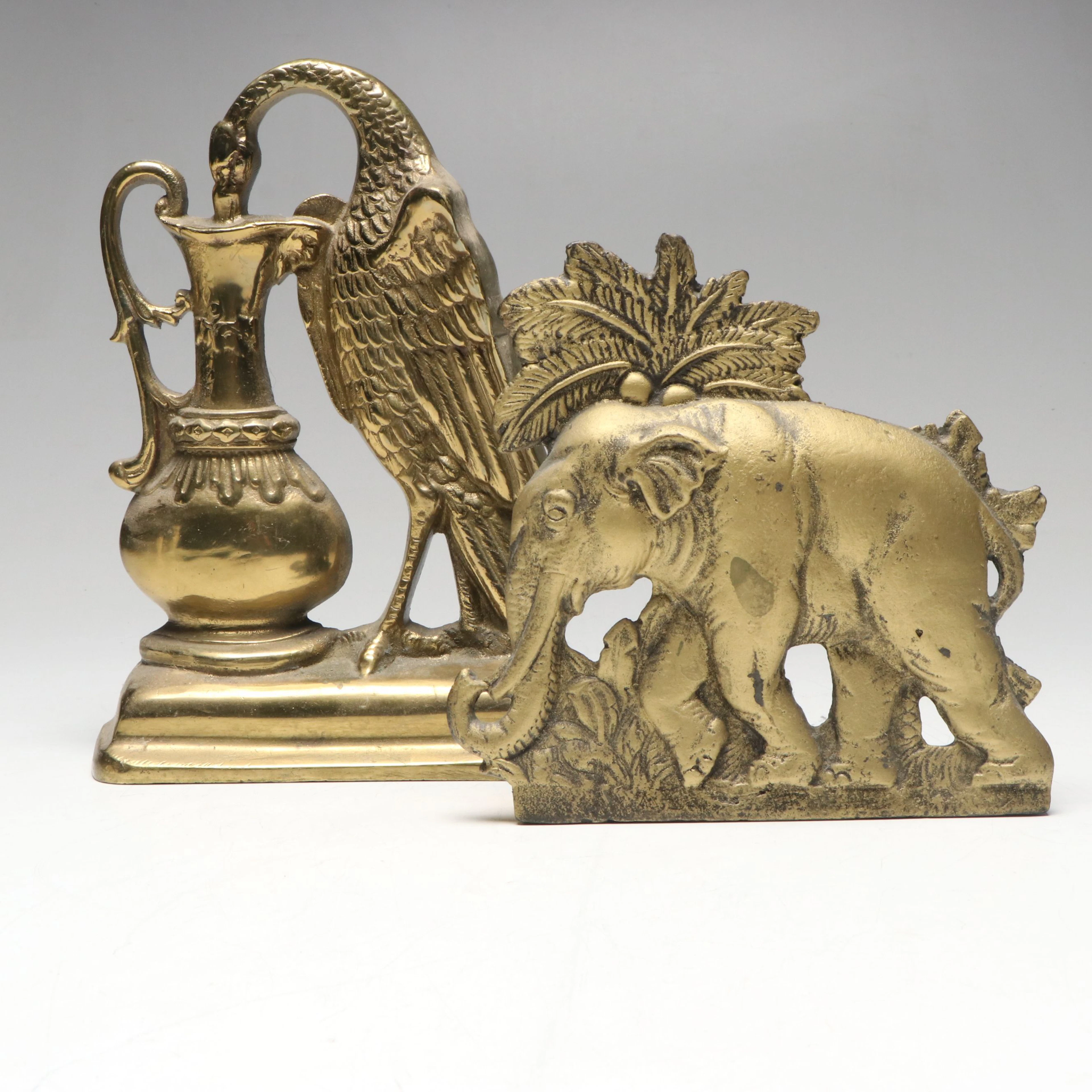Victorian Style Cast Brass Bird with Ewer Doorstop and Other Elephant Figure